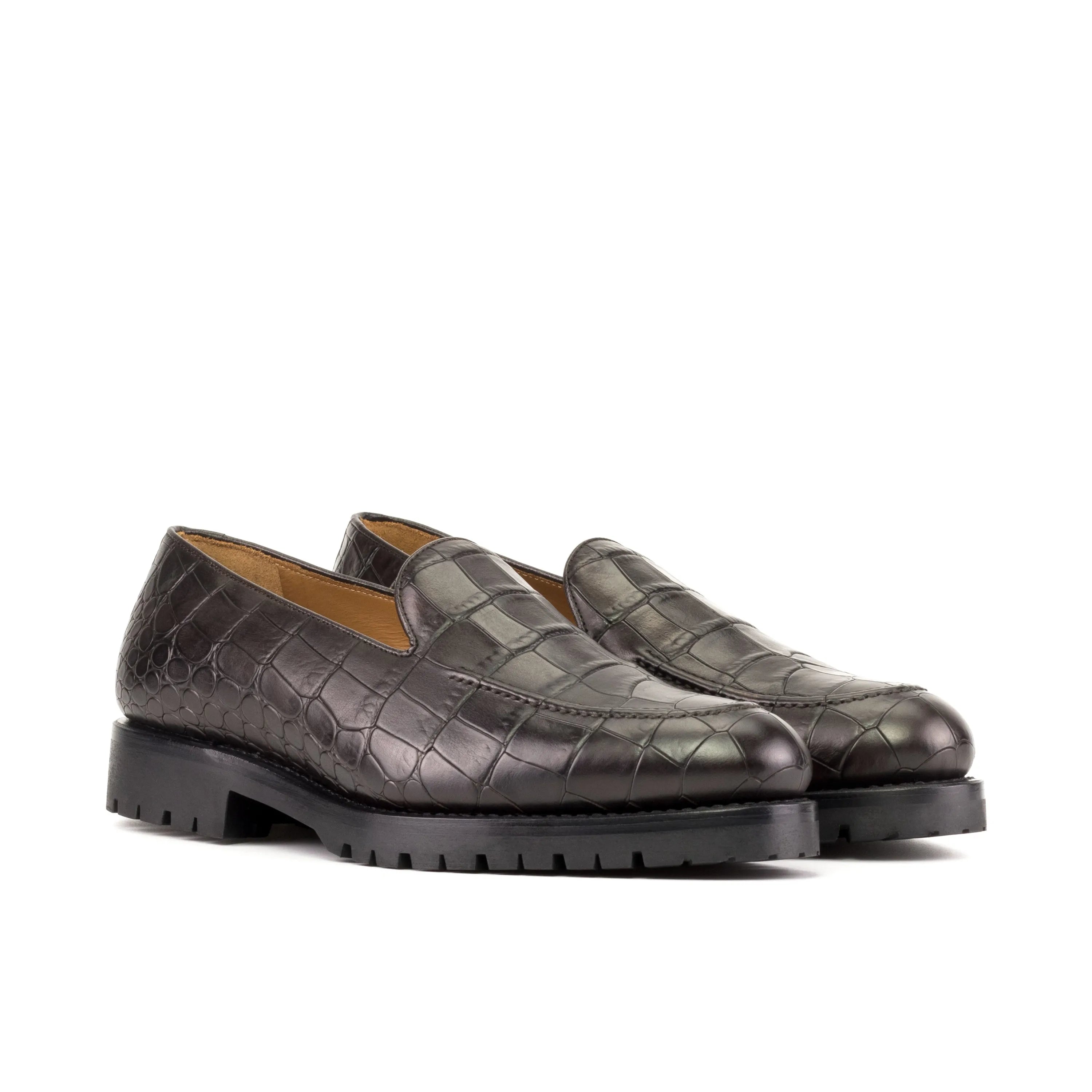 Brown crocodile-patterned leather Empress Loafers, luxury bespoke shoes for men