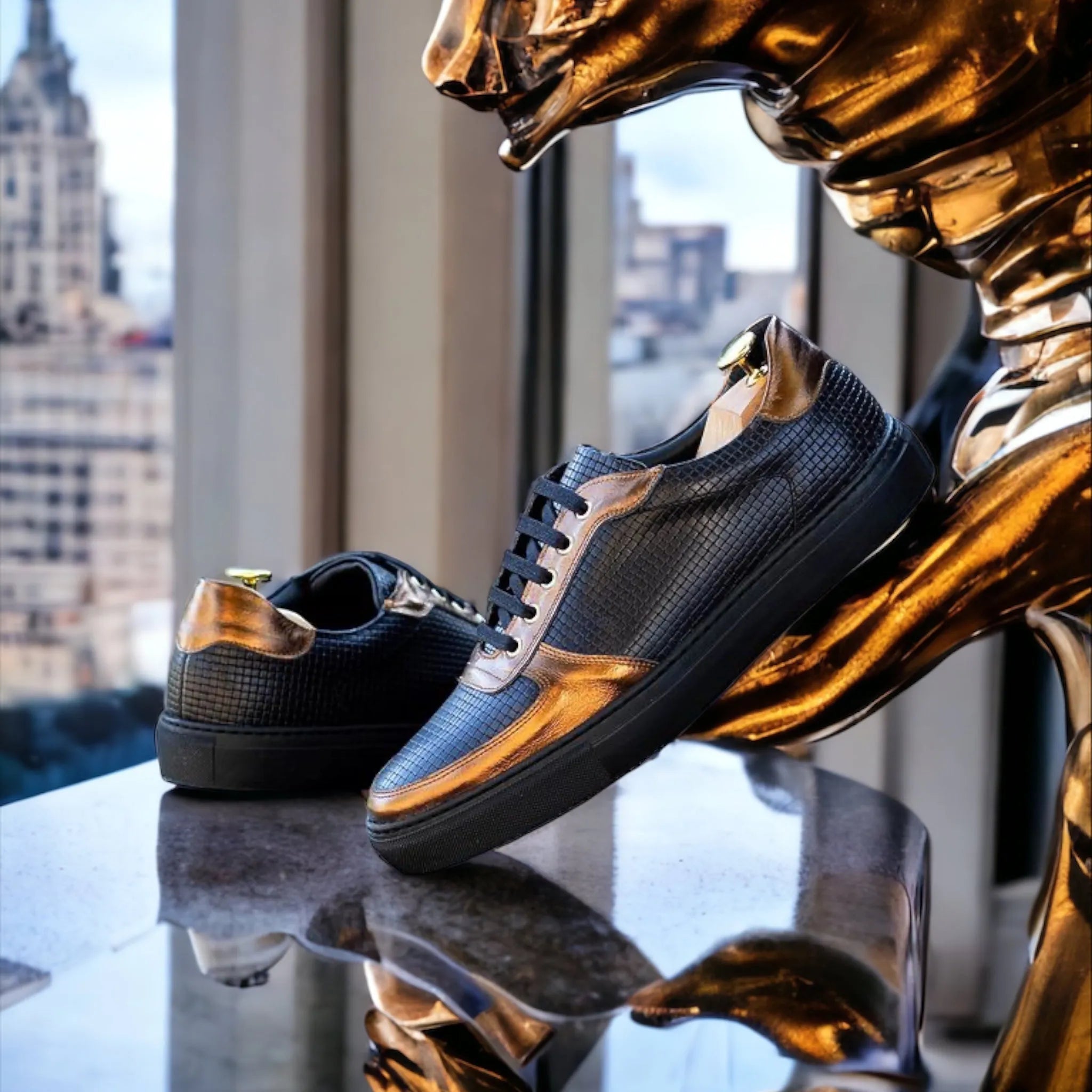 Black and bronze leather Empyr Low Top Trainer Sneakers with cupsole design