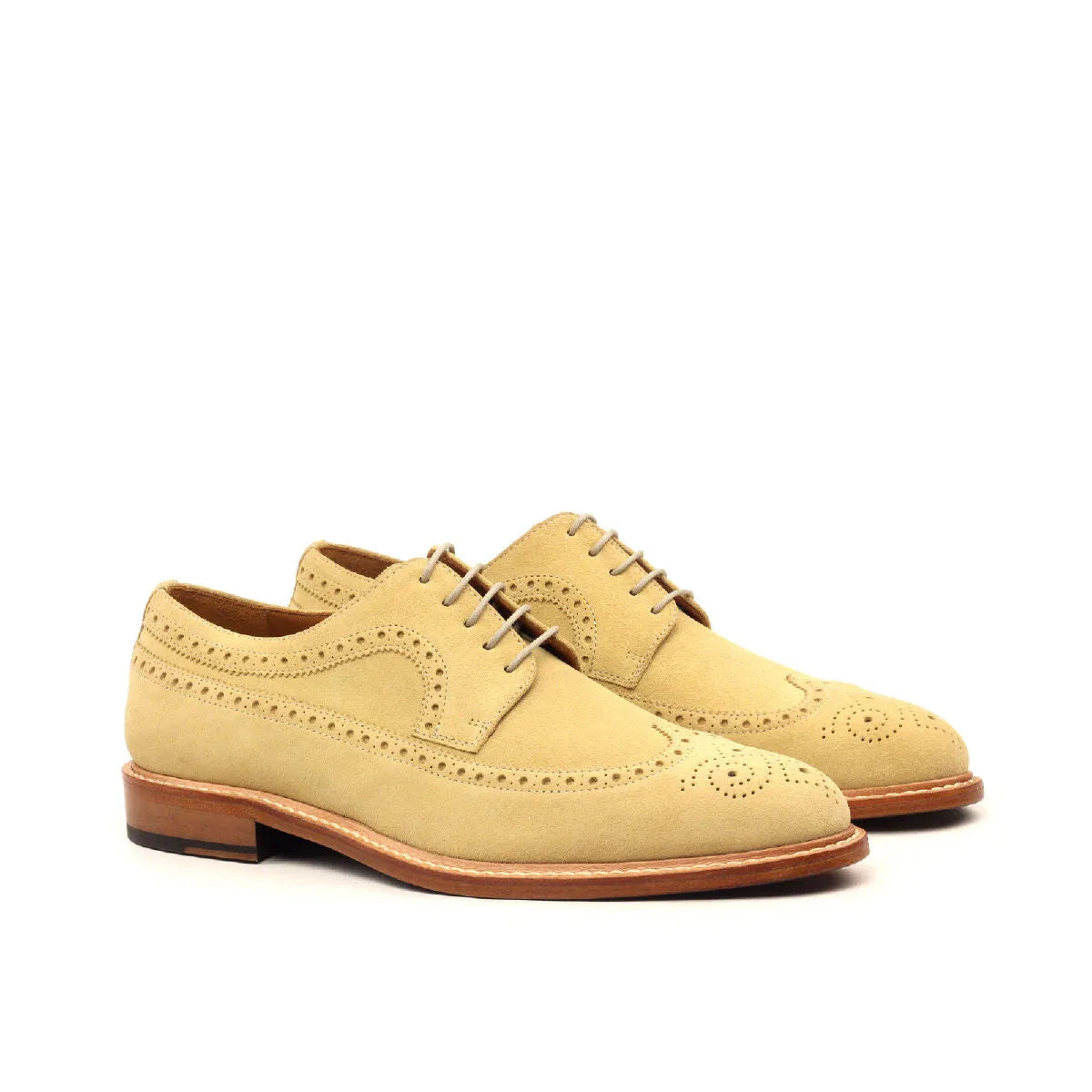 Tan leather Erie Longwing Blucher shoes featuring classic wingtip design