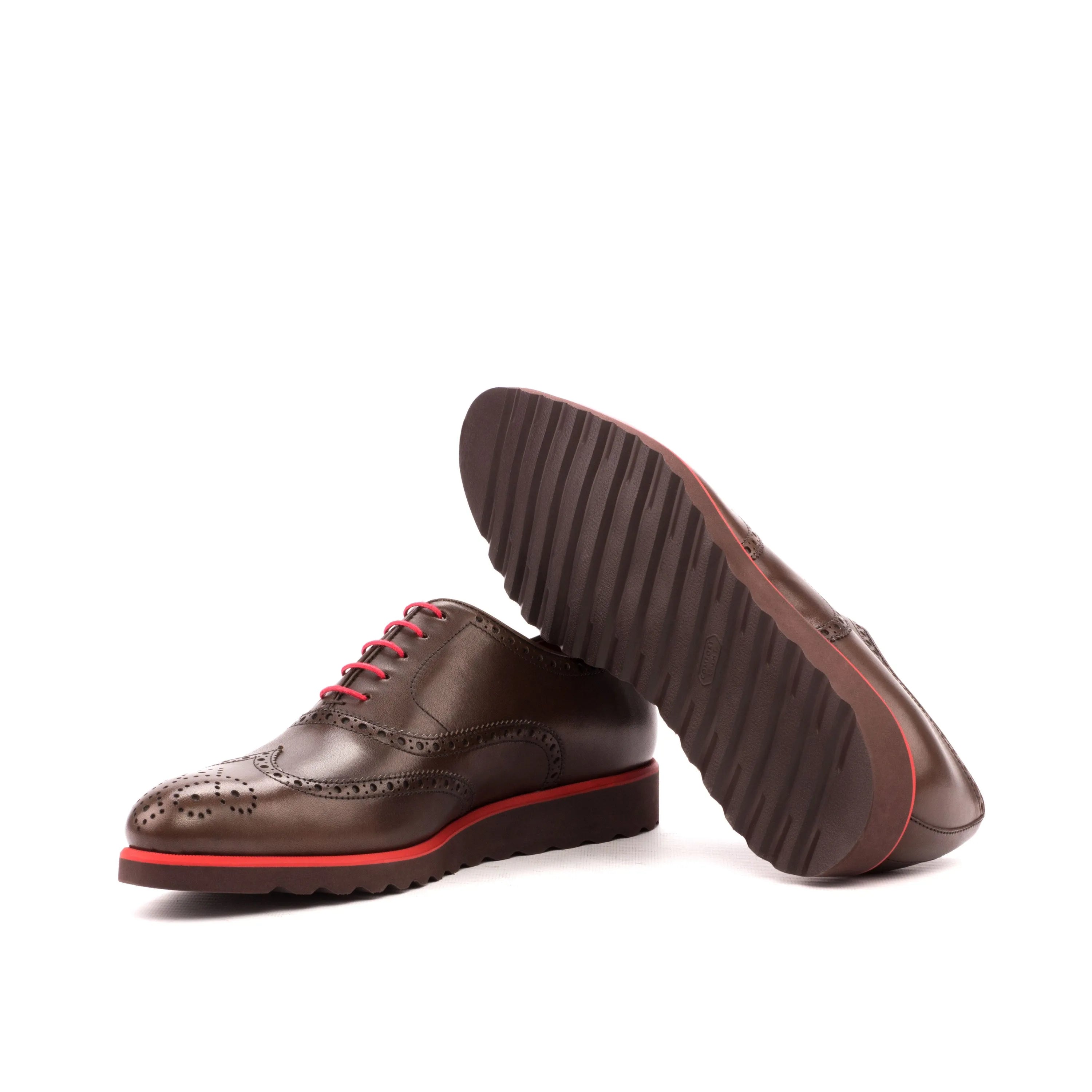 Brown leather wingtip blucher shoes with red laces and soles, Fabuis Full Brogue Shoes