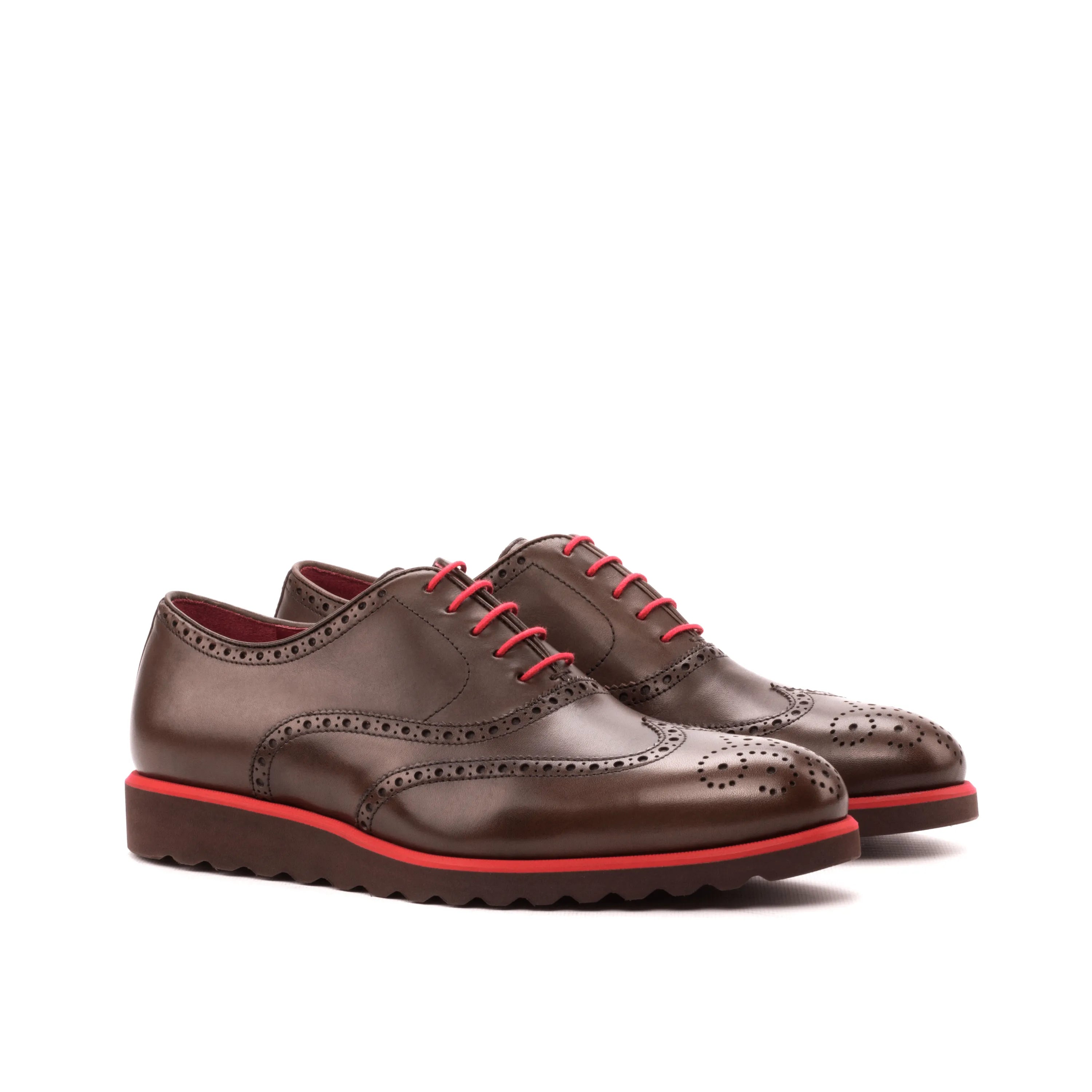 Brown leather Fabuis Full Brogue Shoes featuring red accents, a stylish wingtip blucher design
