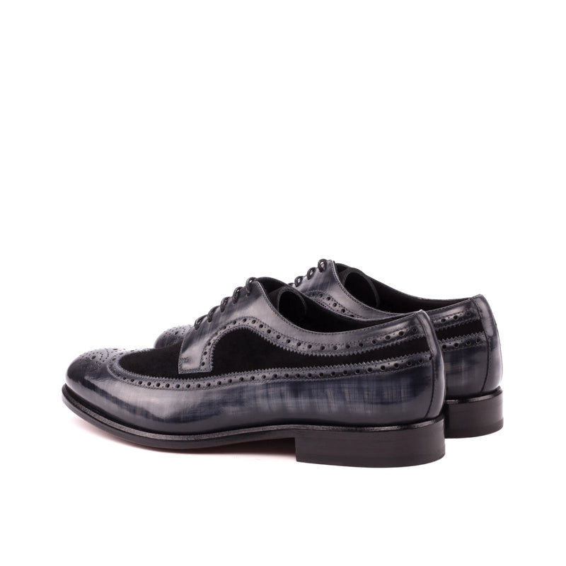 Blue and black leather wingtip shoes, Faizel Longwing Patina Blucher design