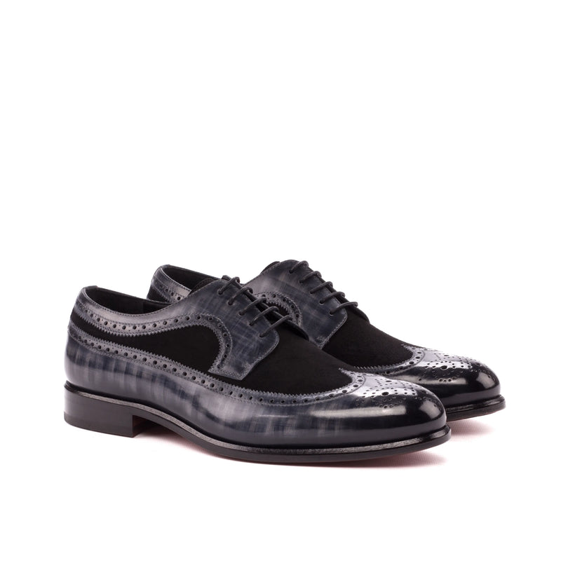 Pair of gray and black leather Faizel Longwing Patina Blucher dress shoes