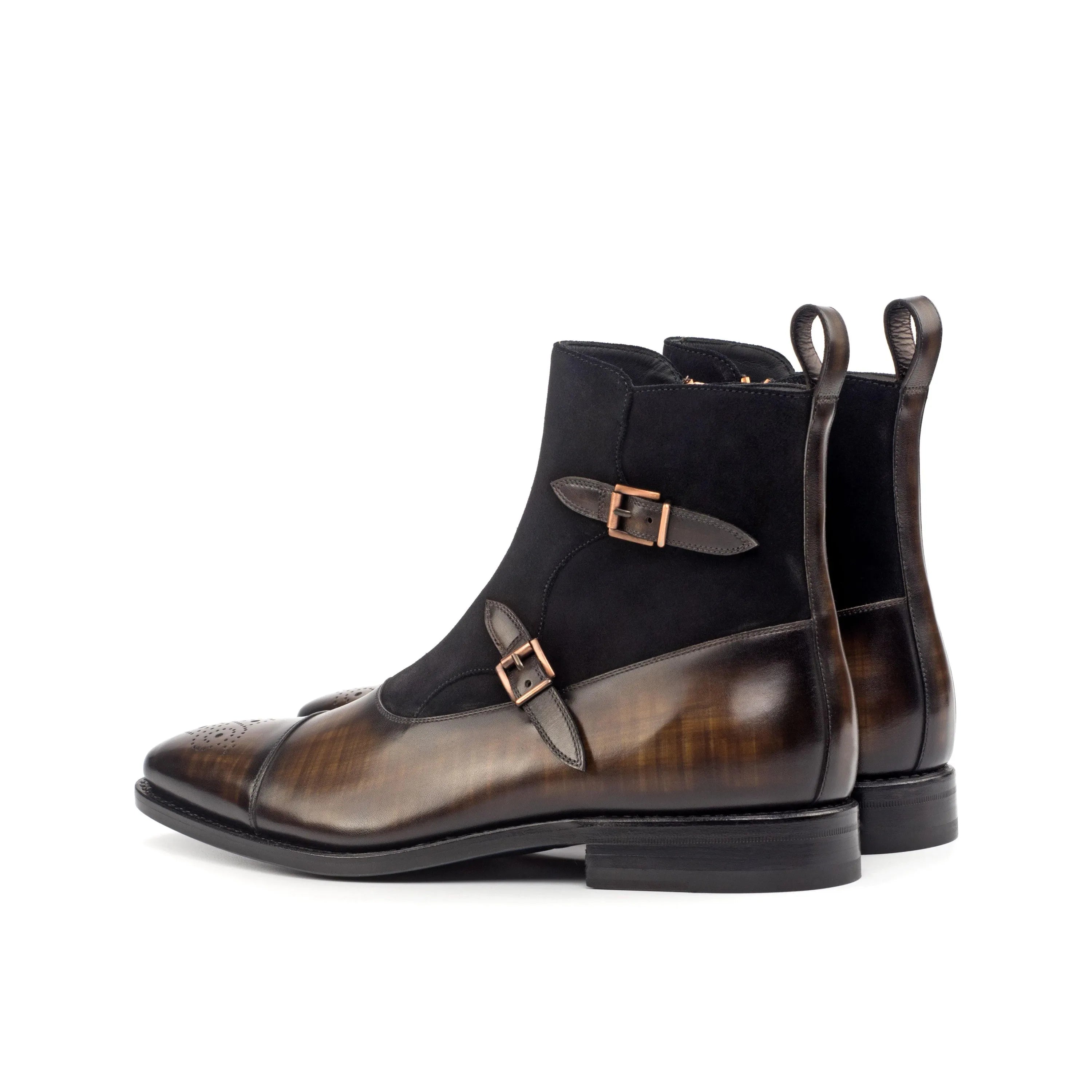 Brown leather and black suede Faro Octavian Patina double monk strap boots