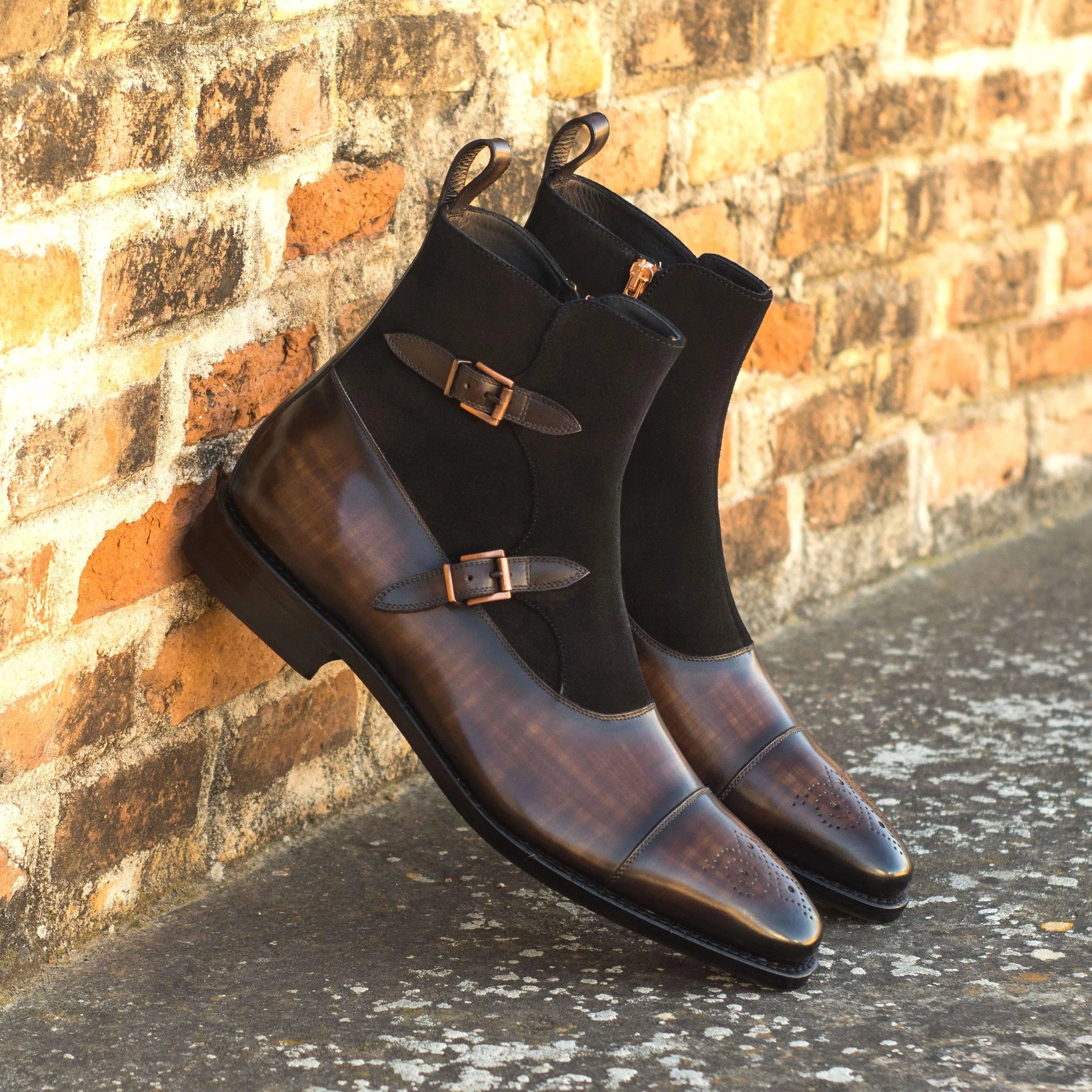 Brown leather and black suede Faro Octavian Patina Boots with monk strap design