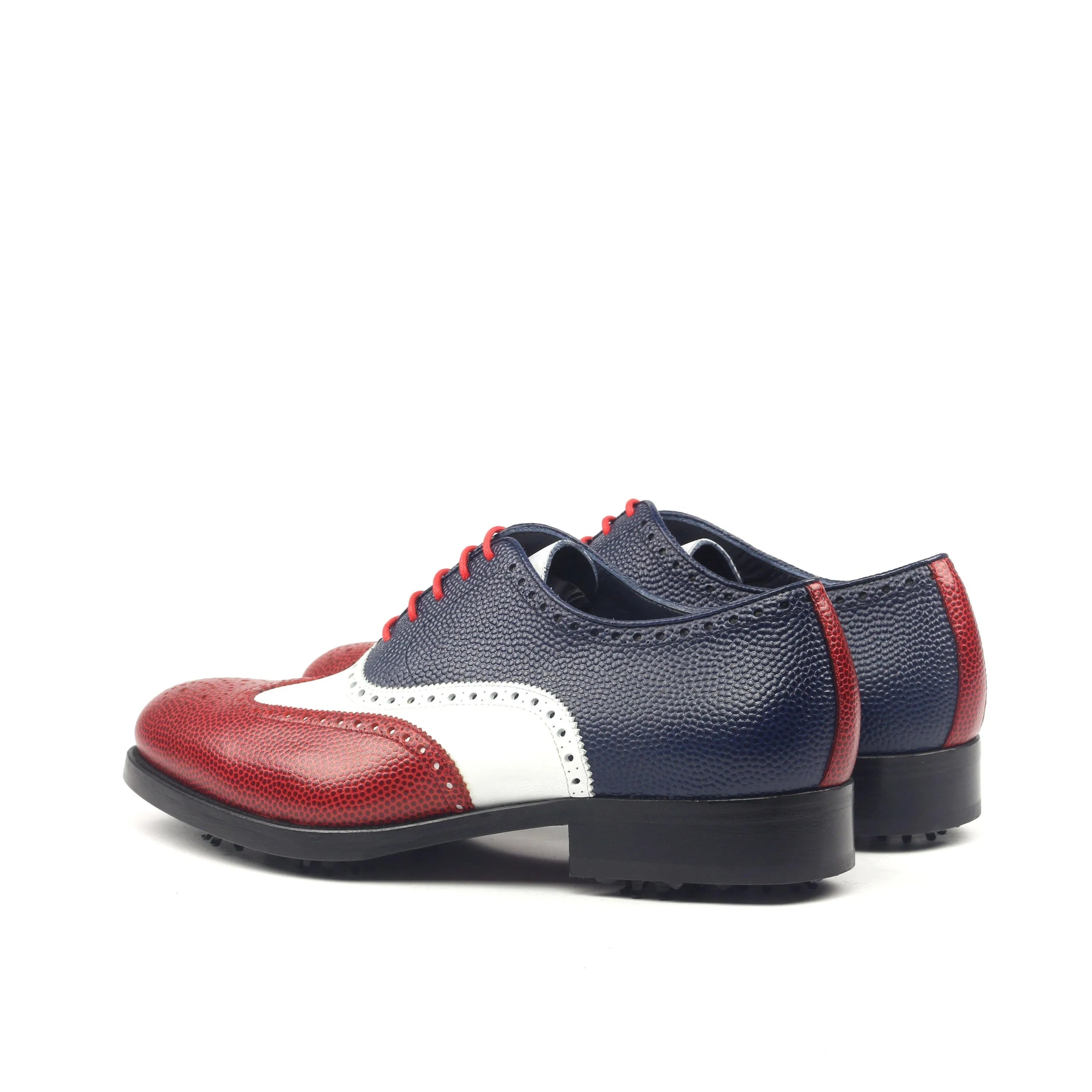 Tricolored leather wingtip FB Full Brogue golf shoes featuring classic brogue detail