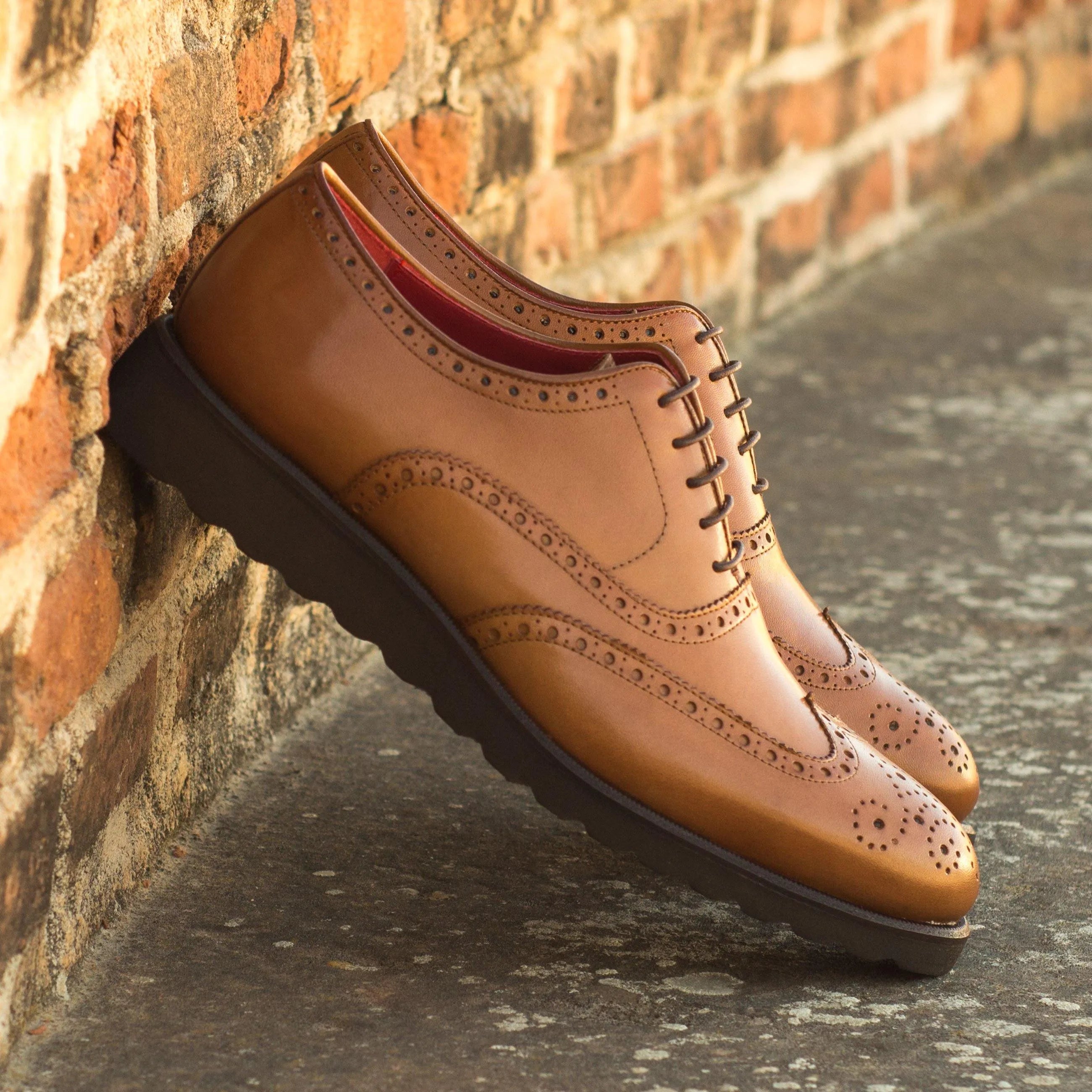 Tan leather wingtip dress shoes, FB02 Full Brogue II, luxury bespoke shoes for men