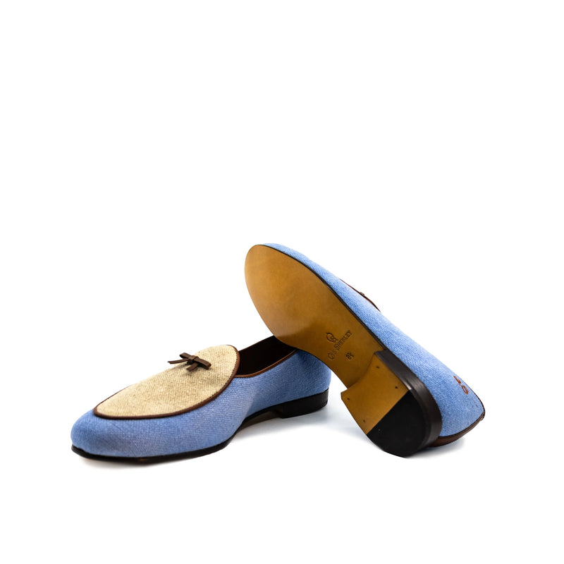 Fernandez Belgian Slipper: light blue suede loafers with tan accents, leather sole