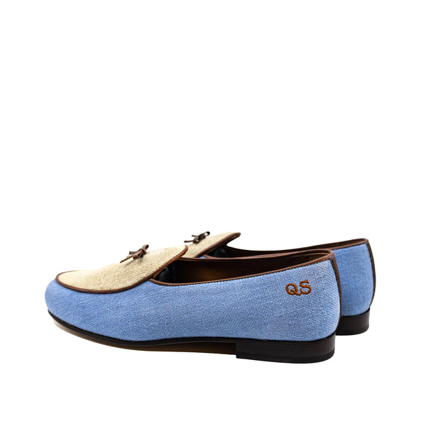 Light blue suede Fernandez Belgian Slipper with gold accents and QS monogram
