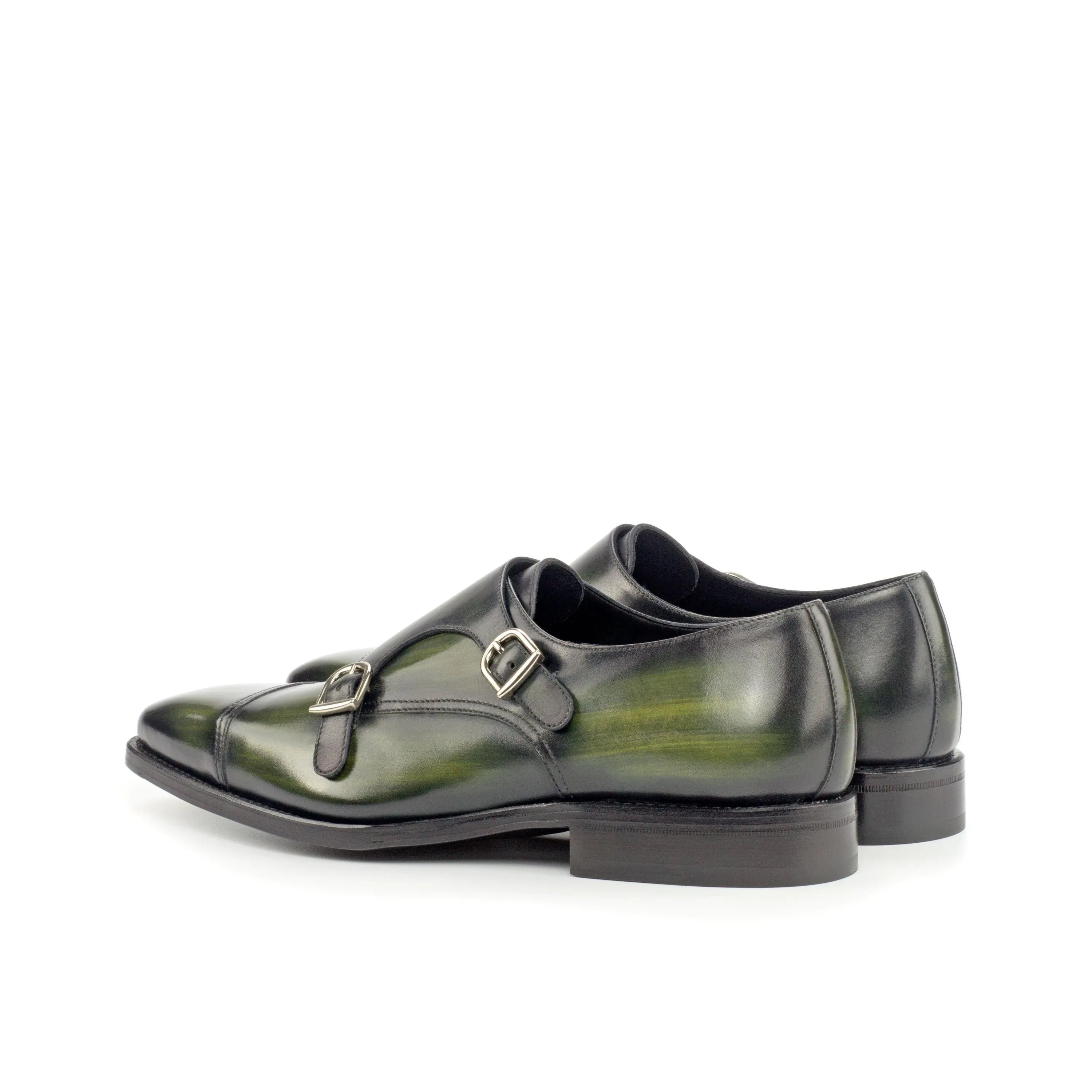 Green leather Fernando Double Monk Patina shoes featuring stylish double monk straps