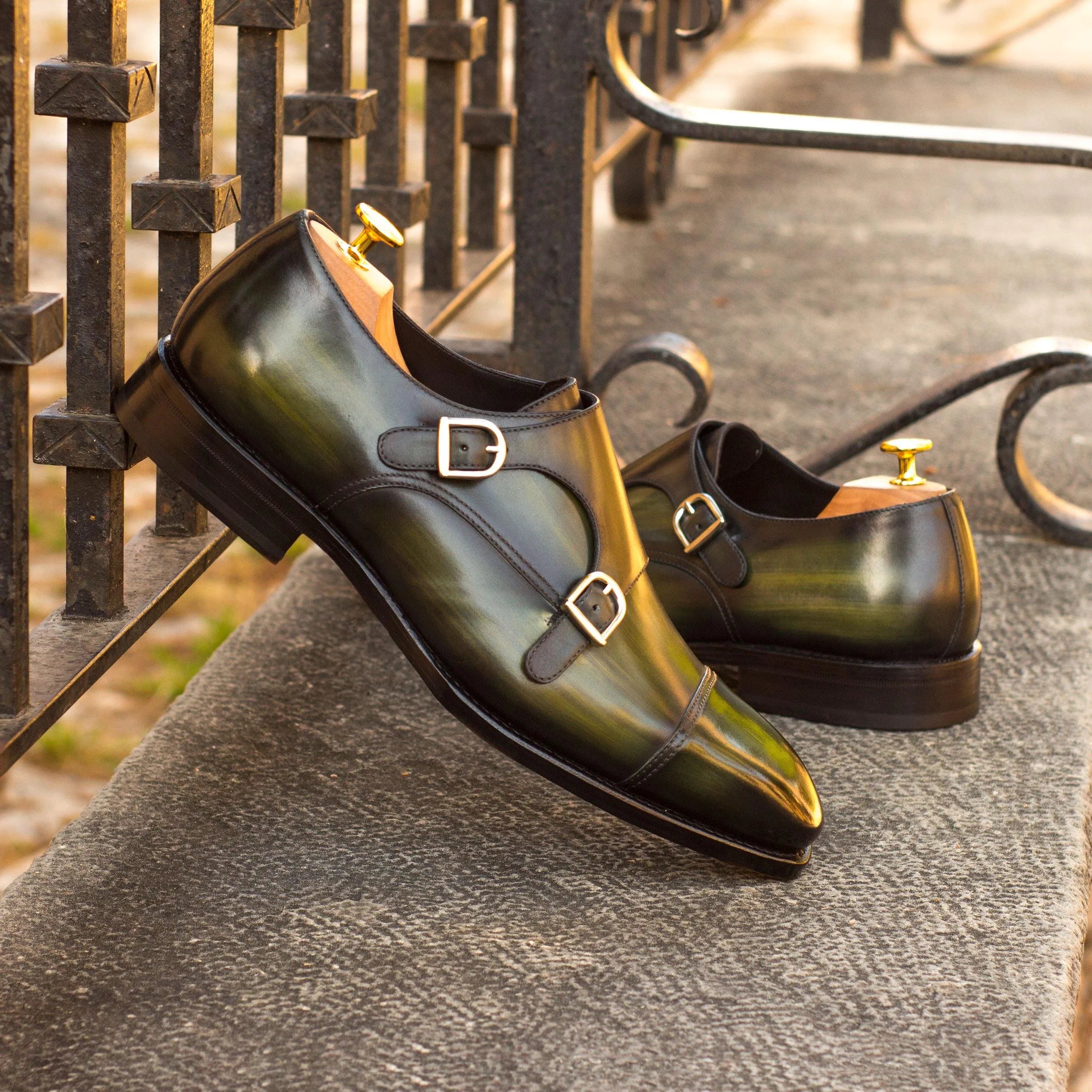 Green leather Fernando Double Monk Patina shoes showcasing elegant double monk strap design