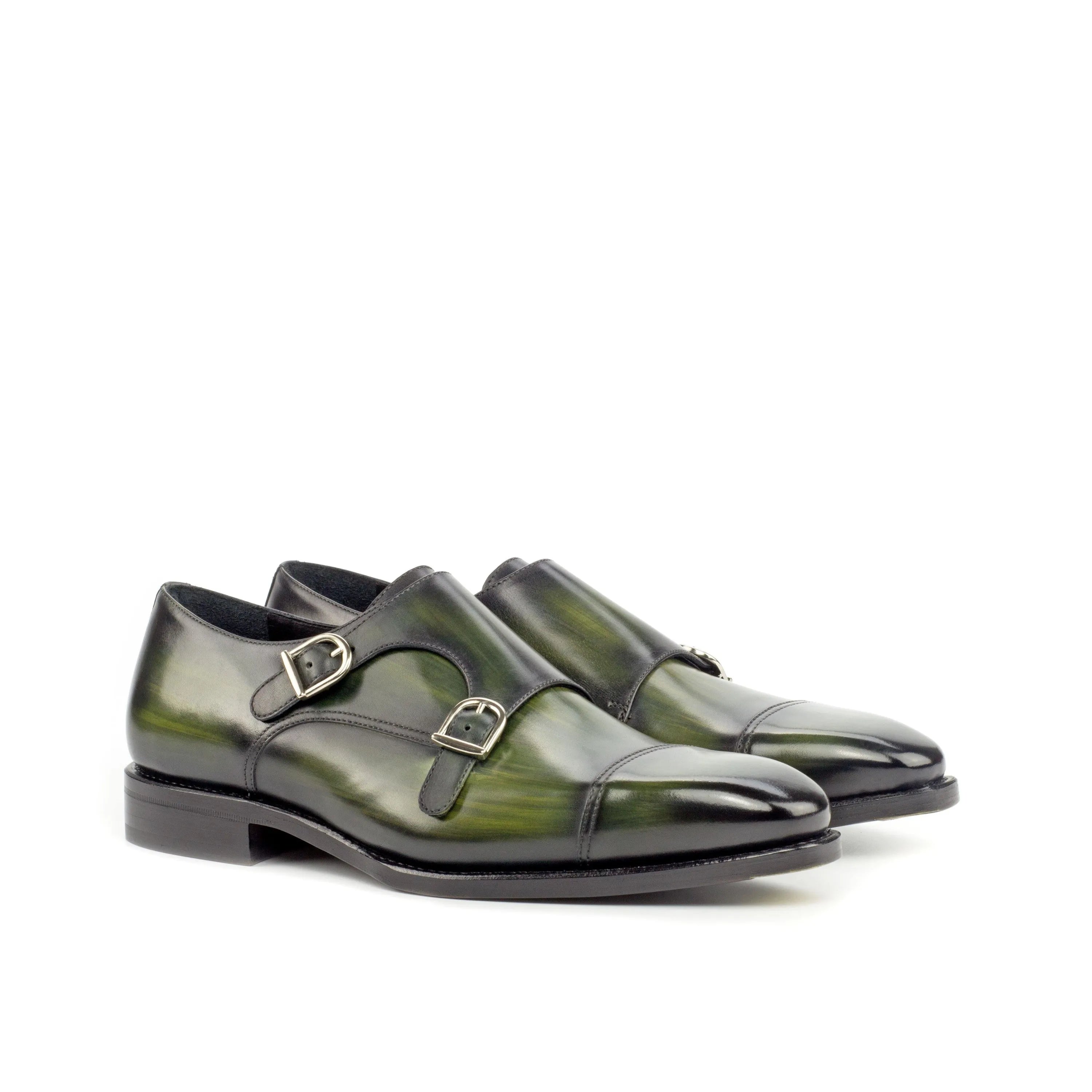Green leather Fernando Double Monk Patina shoes with double monk strap design