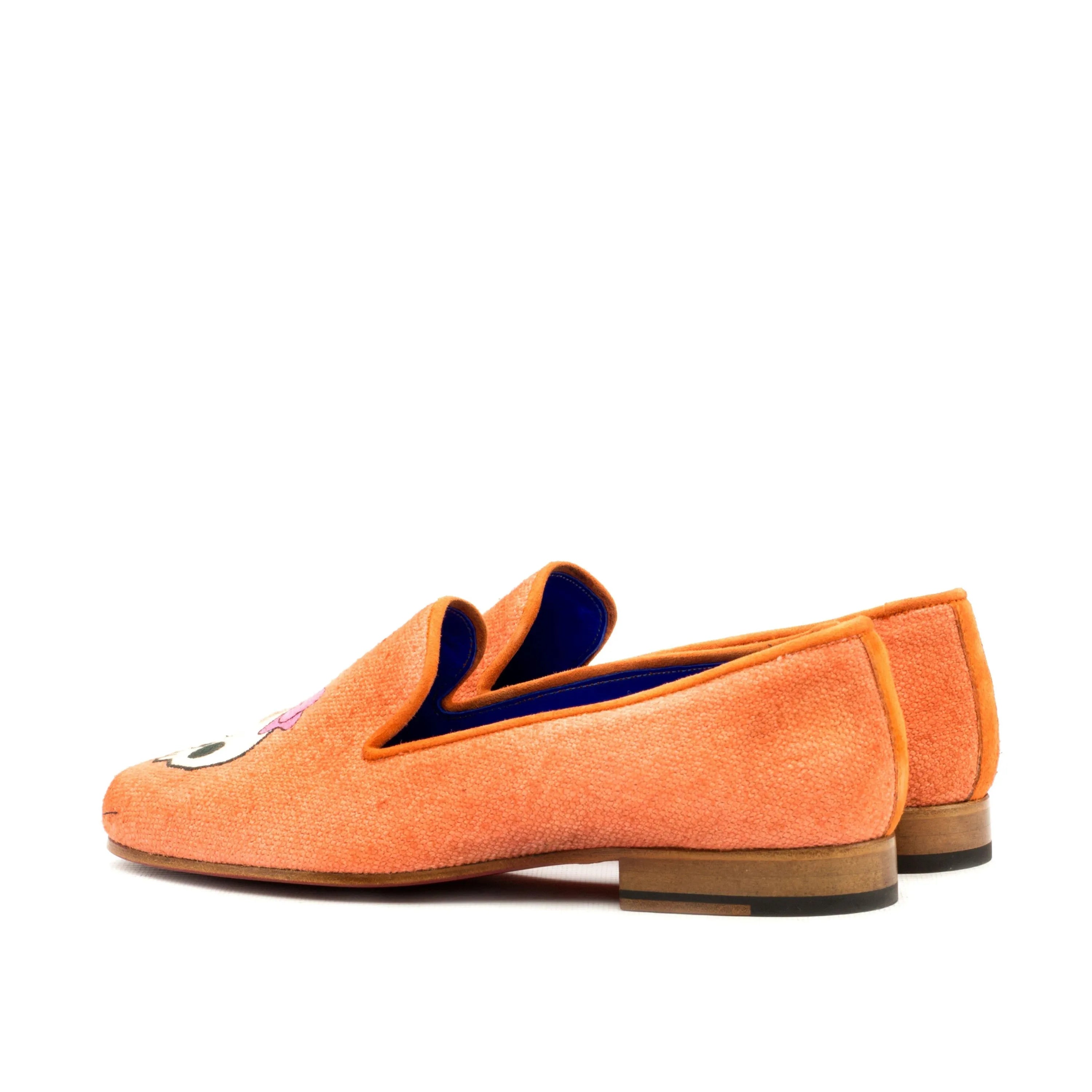 Orange suede loafer with cartoon eye from Fero Womens Audrey Slipper collection