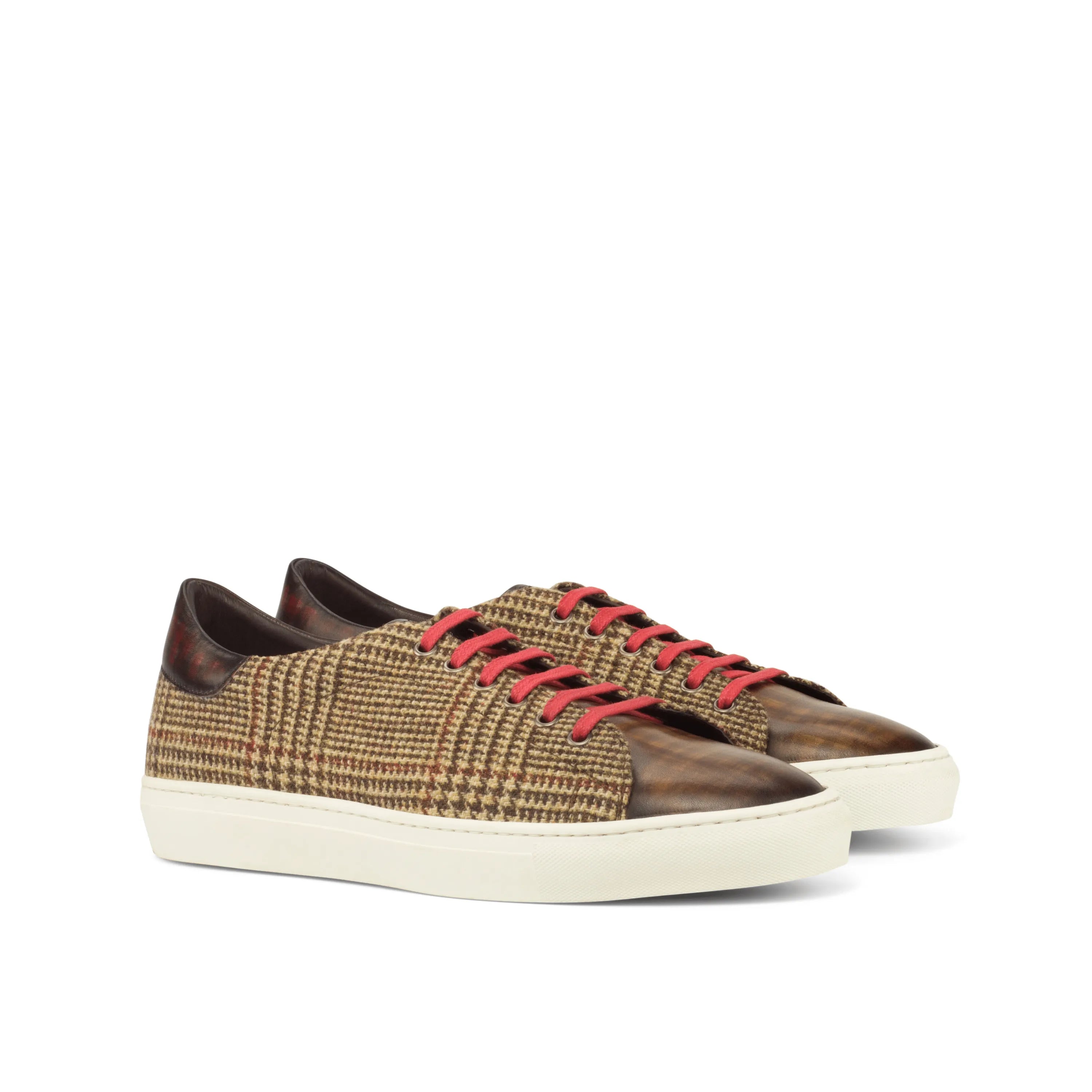 Brown plaid sneakers with red laces, Fida Trainer Patina for stylish outdoor adventures