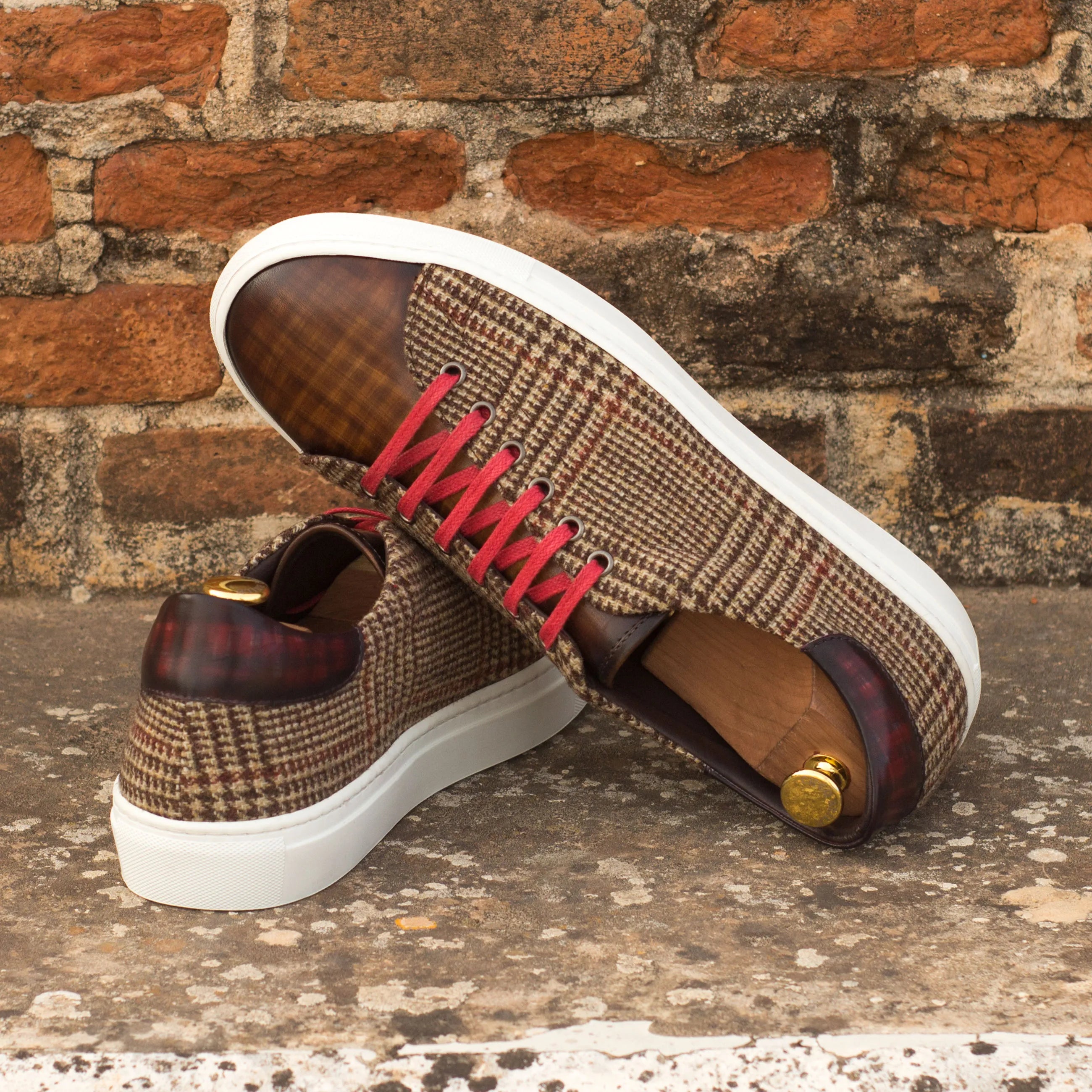 Houndstooth sneakers with red laces, Fida Trainer Patina stylish cupsole trainer design