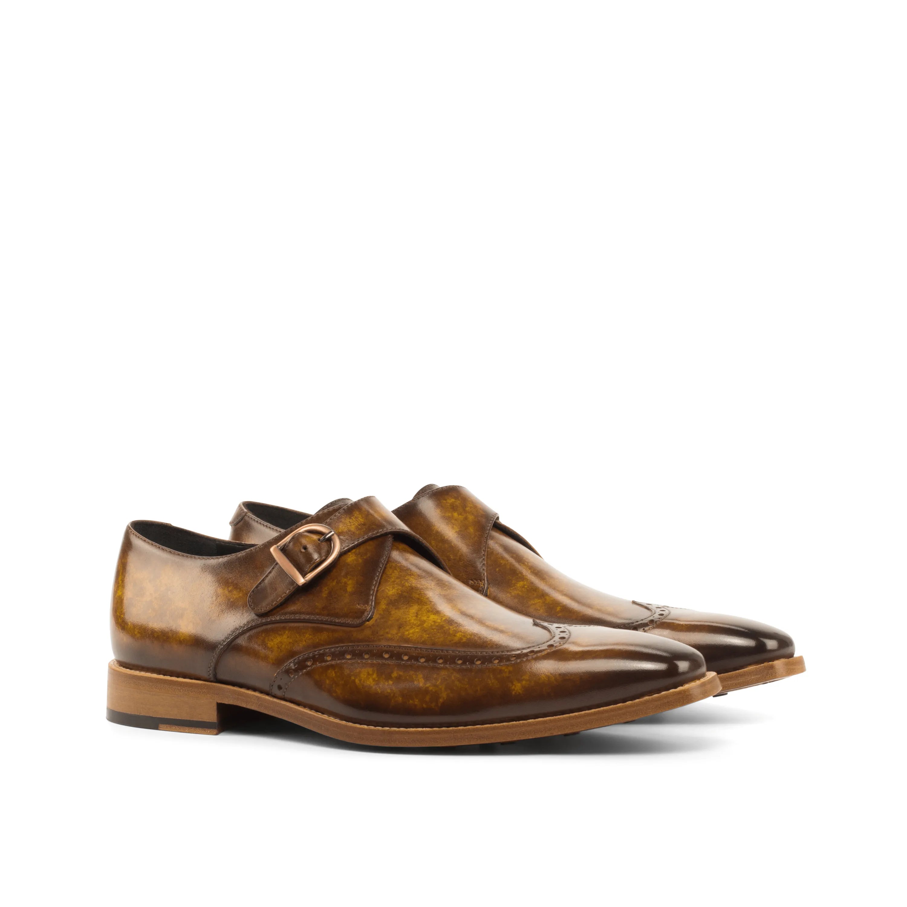 Pair of brown leather Fire Patina Single Monk Shoes showcasing elegant monk shoes design