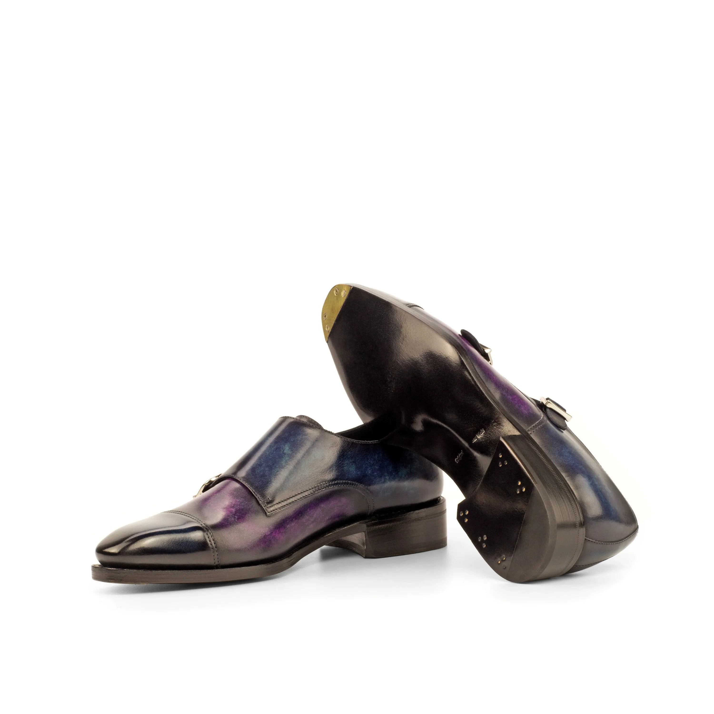 Iridescent leather double monk patina shoes, Folzeh85 Double Monk with crust patina finish