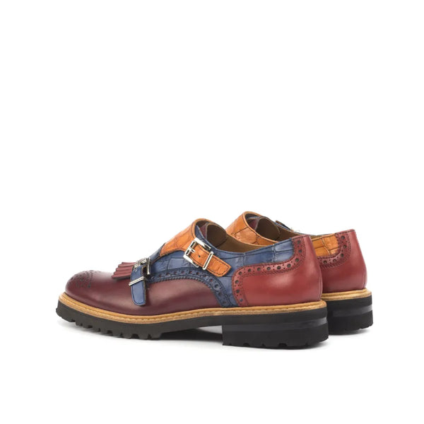 Two multi-colored leather Monk Strap shoes, the Franka Kiltie Unisex style