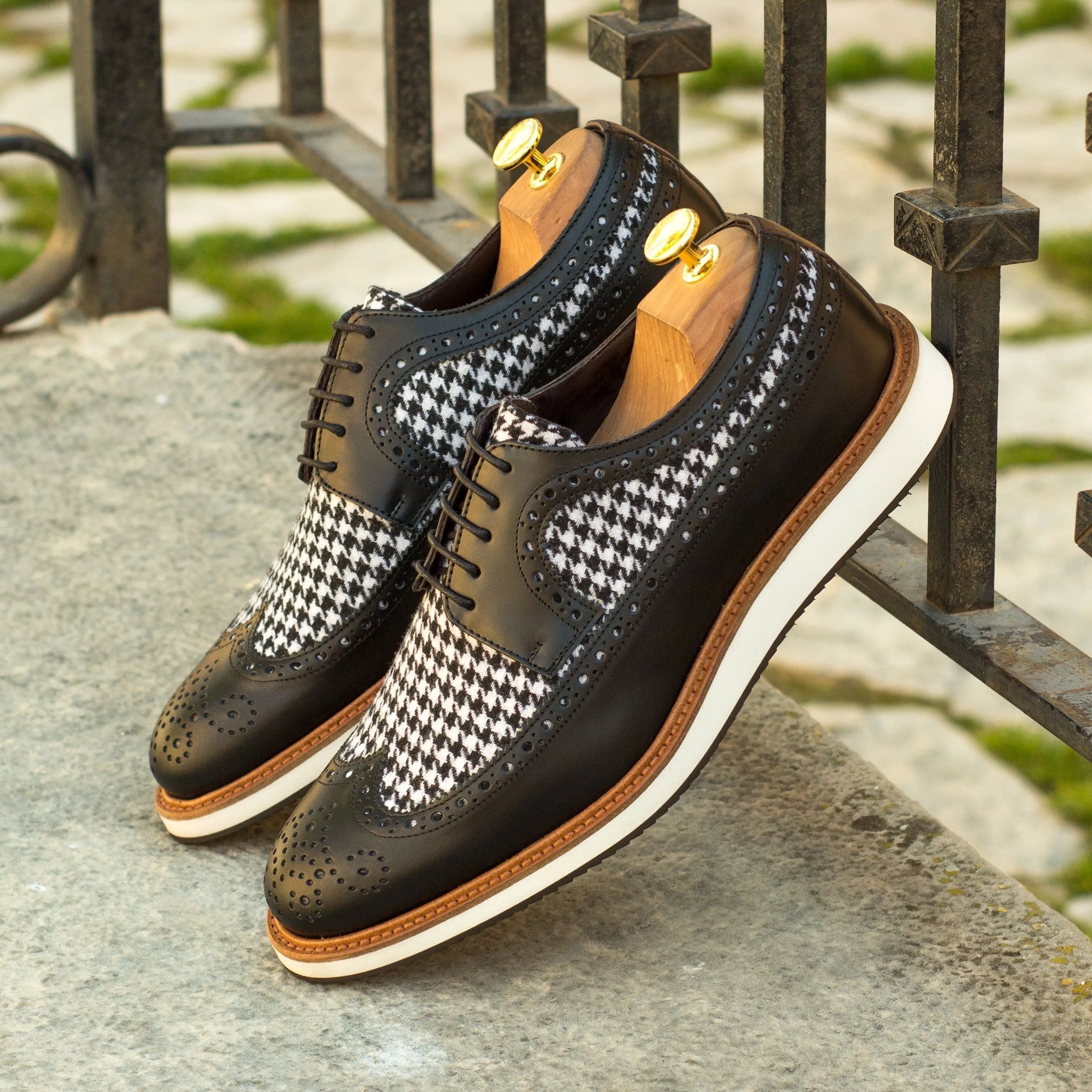 Black and white houndstooth wingtip shoes, Franko Longwing Blucher for stylish footwear