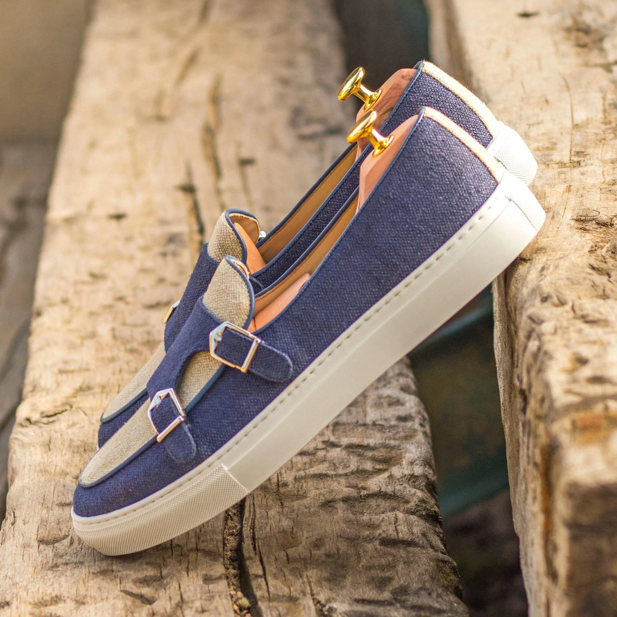 Blue canvas double monk strap sneakers from the Fridays Monk Sneaker collection