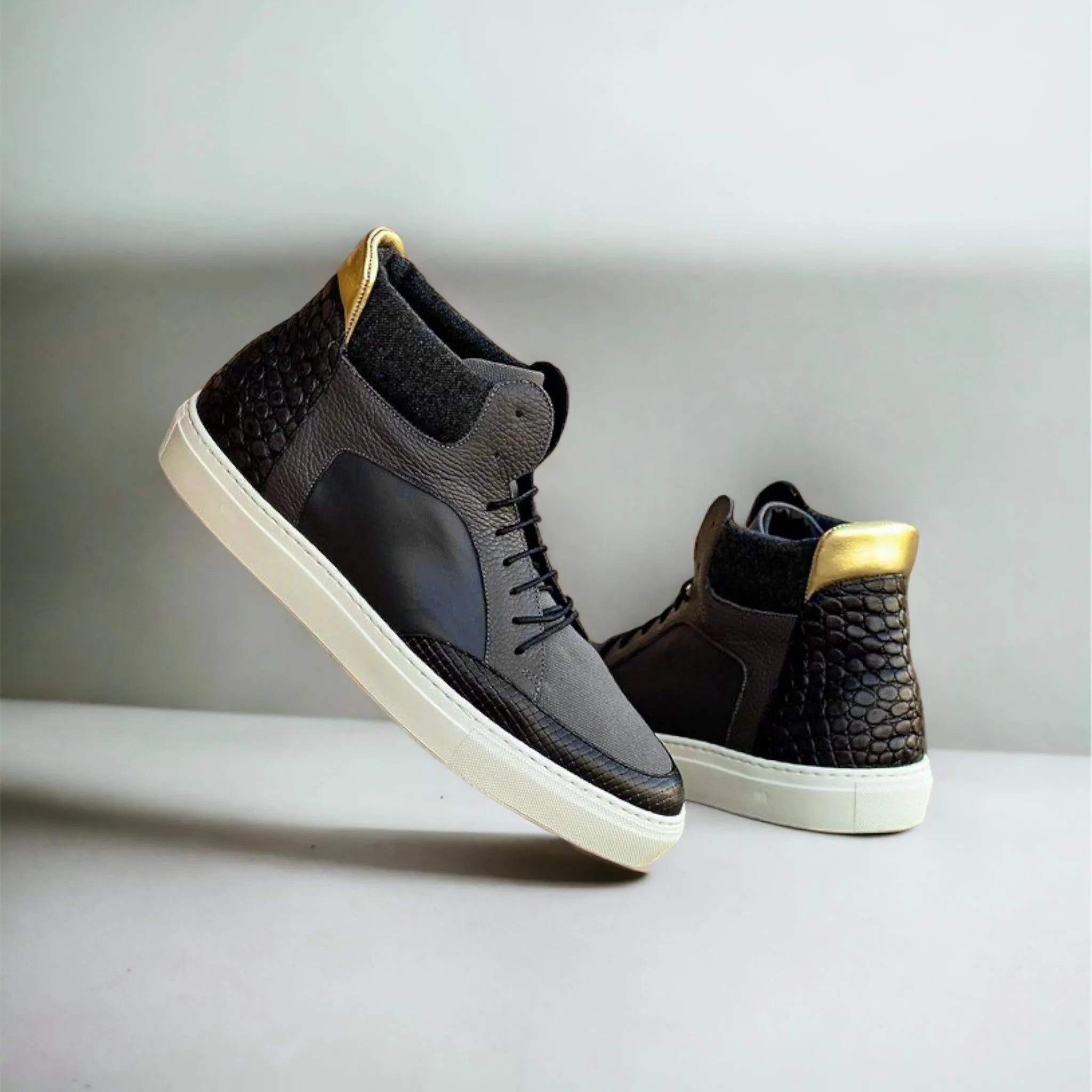 Black calf leather Gaiteglide High Top Sneakers, luxury bespoke shoes for men