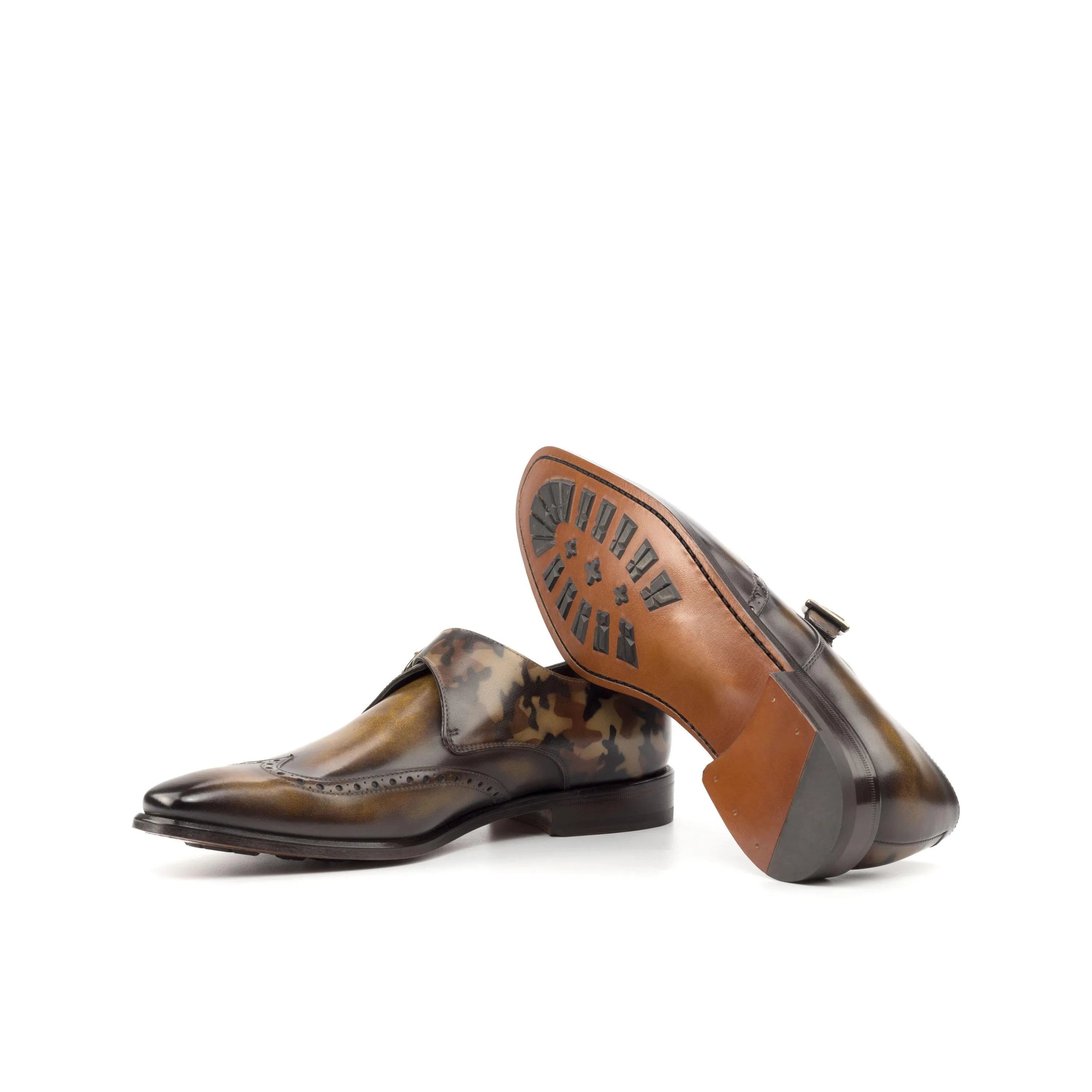 Pair of brown leather Galethio single monk patina shoes showcasing elegance and style