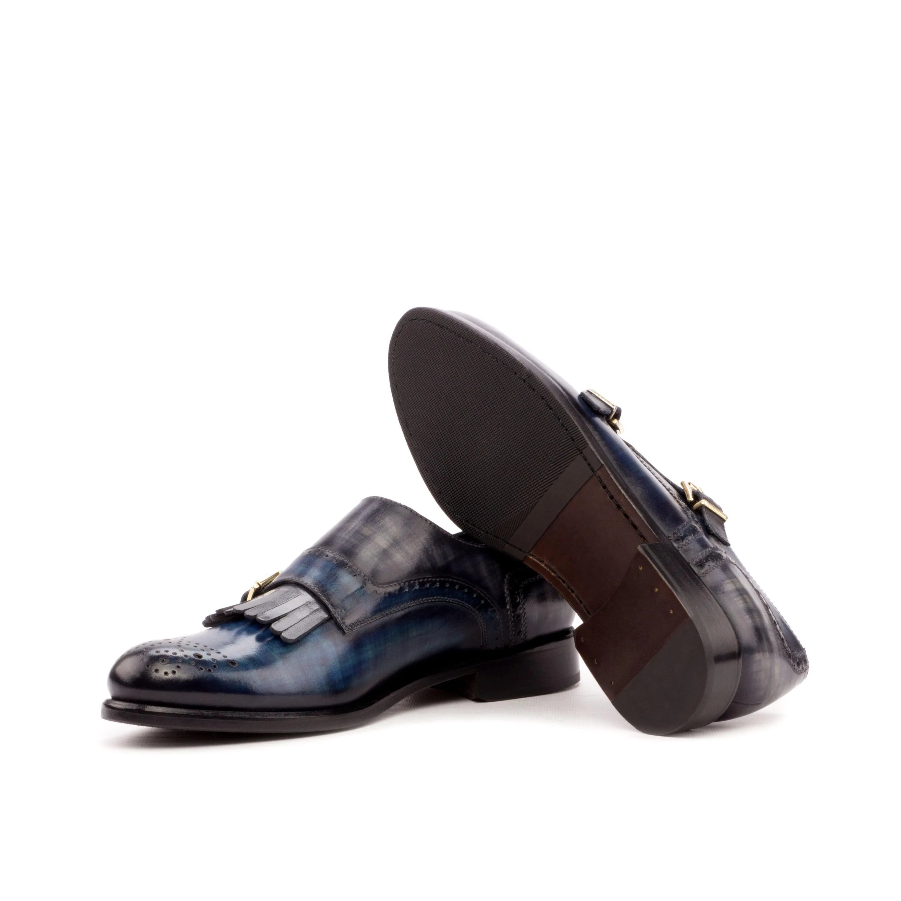 Blue leather monk strap loafers from Gawain Kiltie Womens with crust patina finish