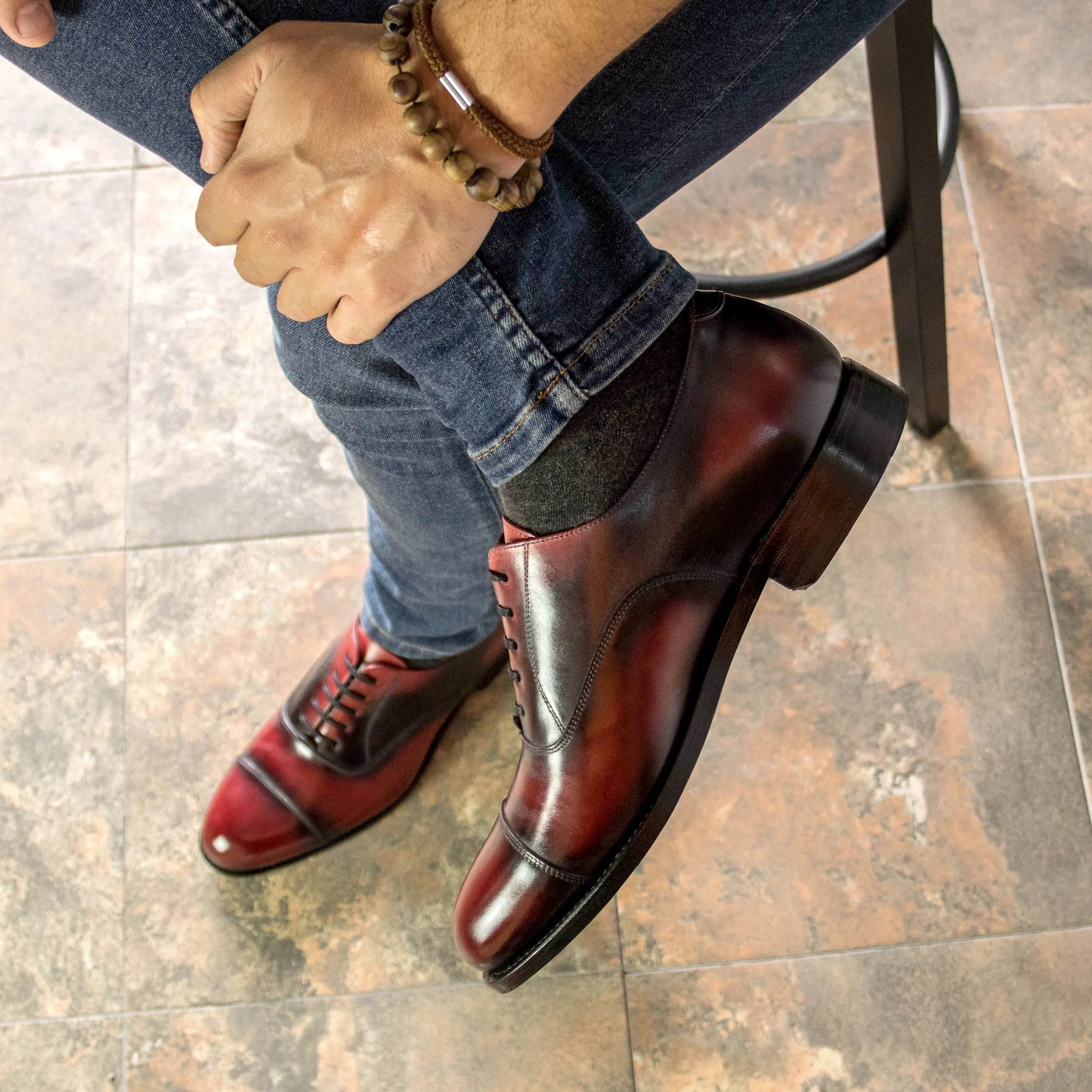Burgundy leather Gazi Patina Oxford shoes showcasing elegant craftsmanship and style