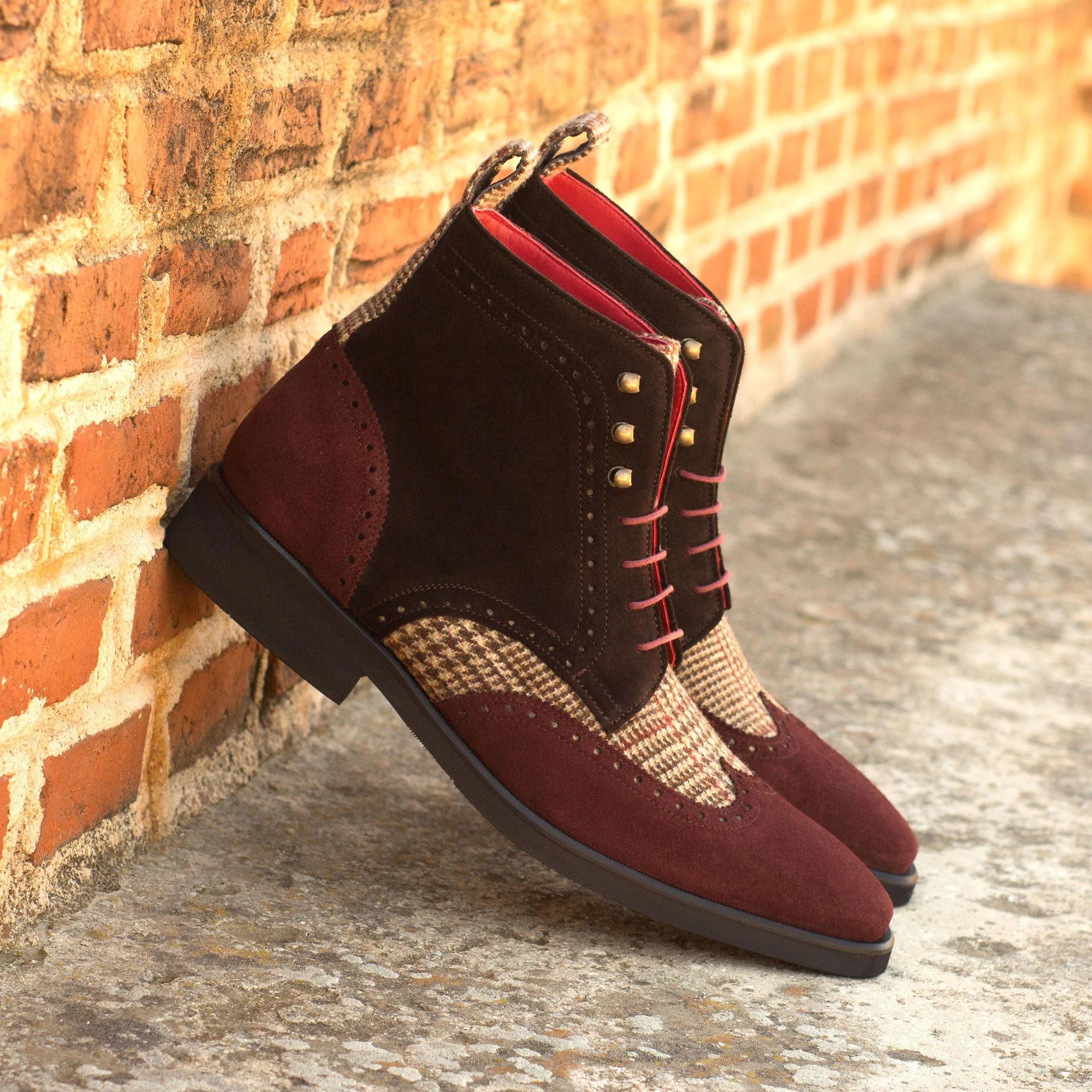 Men’s burgundy and brown suede General06 Military Brogue Boots II displayed prominently
