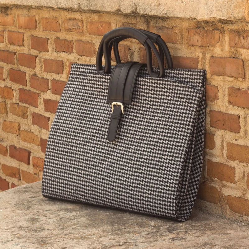 Houndstooth handbag with leather accents in a stylish Gentleman briefcase design