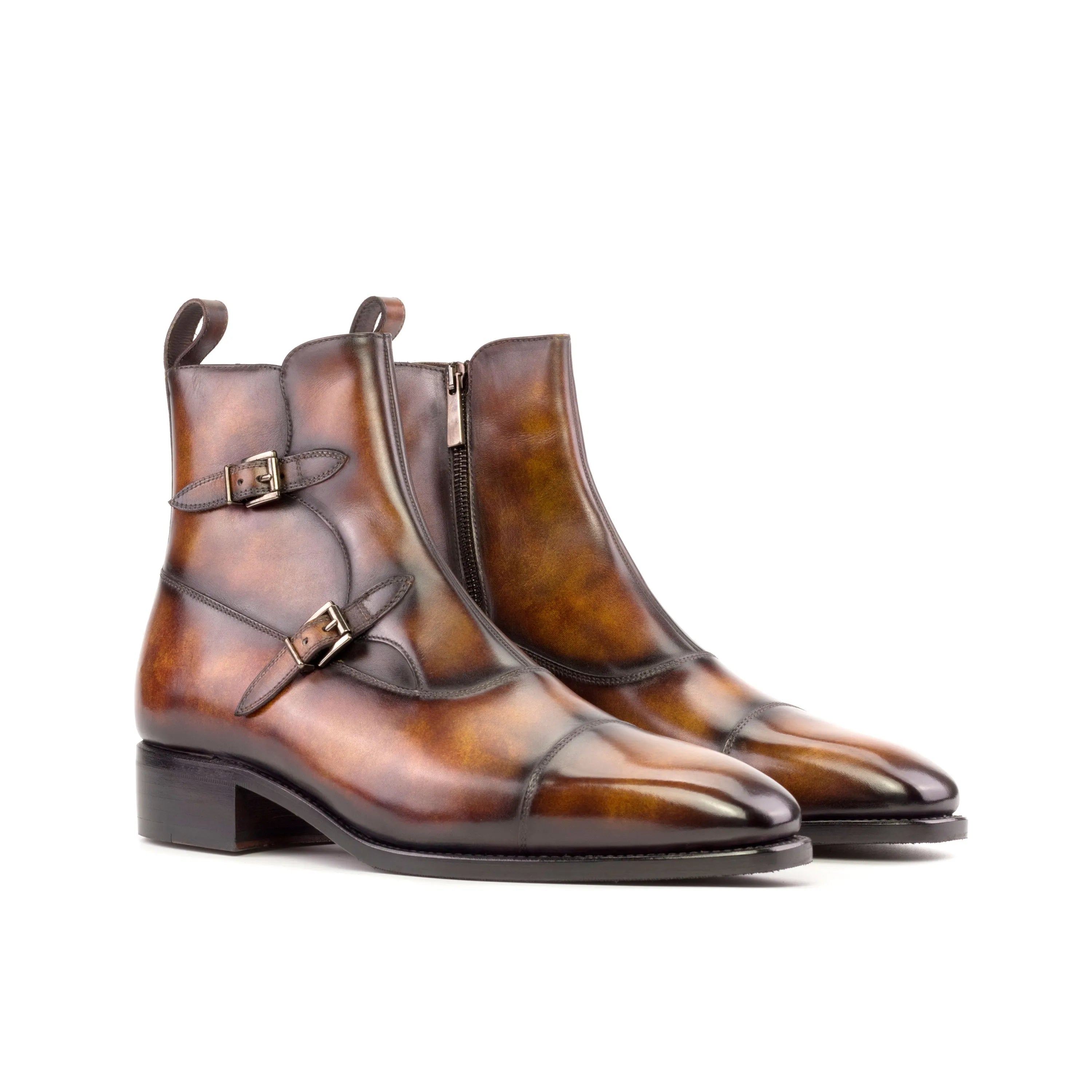 Brown leather monk strap boots from Georgo Octavian Patina, showcasing sophisticated style