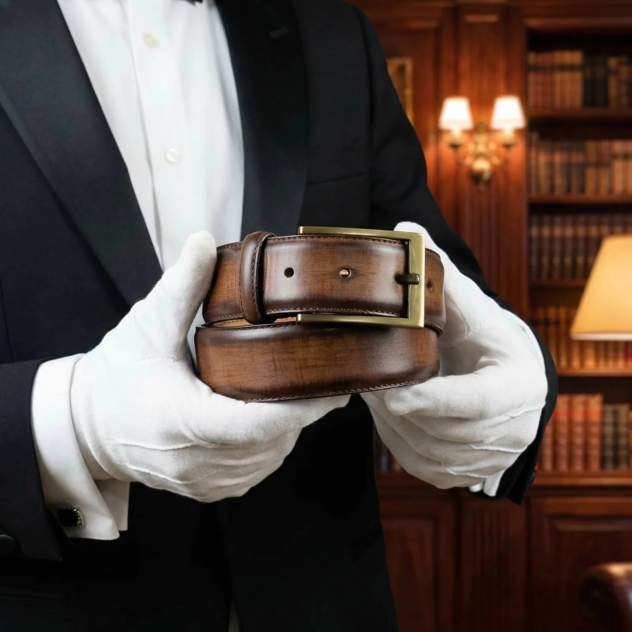 Brown leather gezzle patina hamptons belt with brass buckle held in white-gloved hands showcasing patina hamptons belt