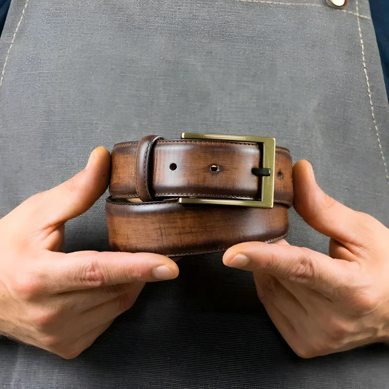 Brown leather Gezzle Patina Hamptons Belt with a gold buckle for a refined look