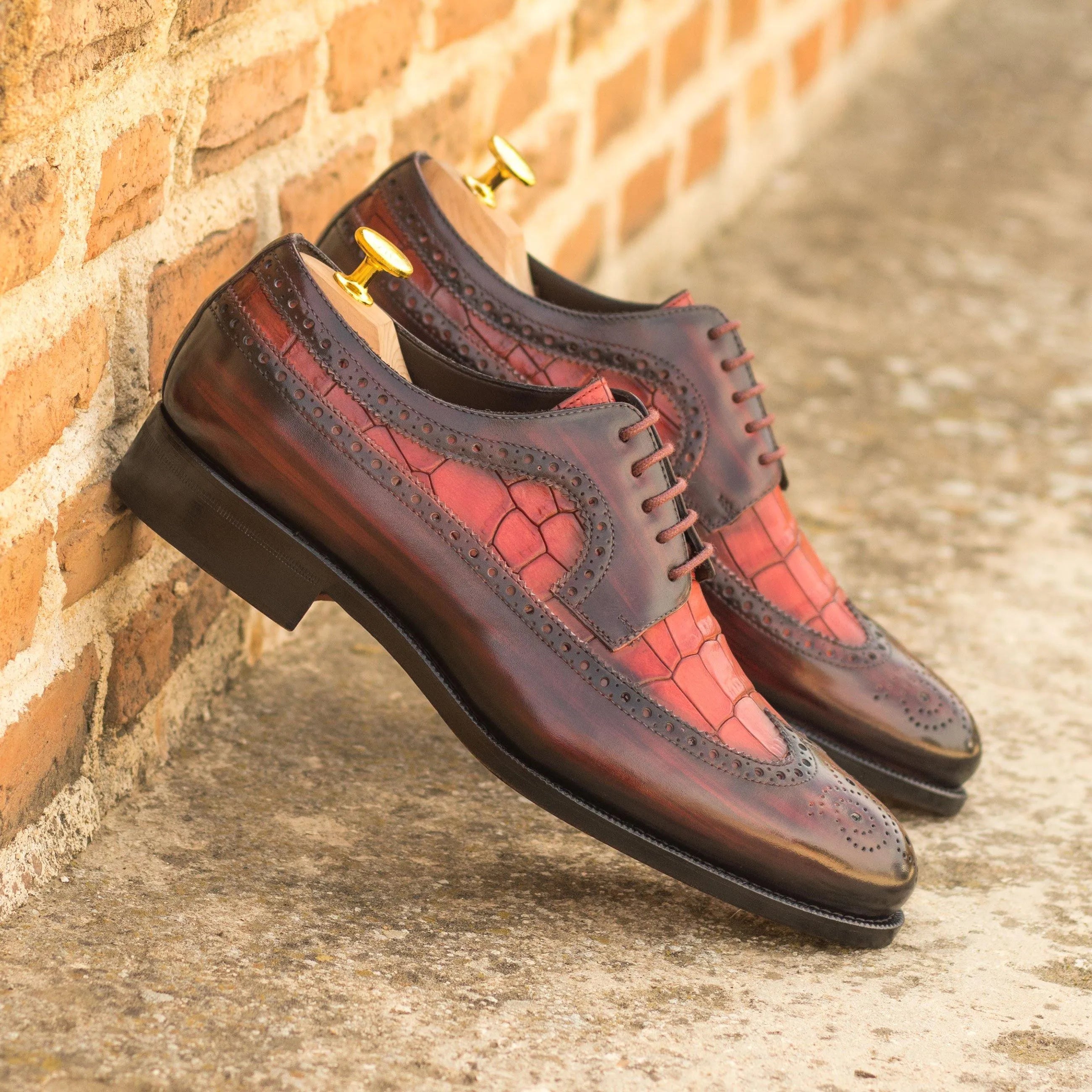 Burgundy and red leather Givanios Patina Longwing Blucher dress shoes for men
