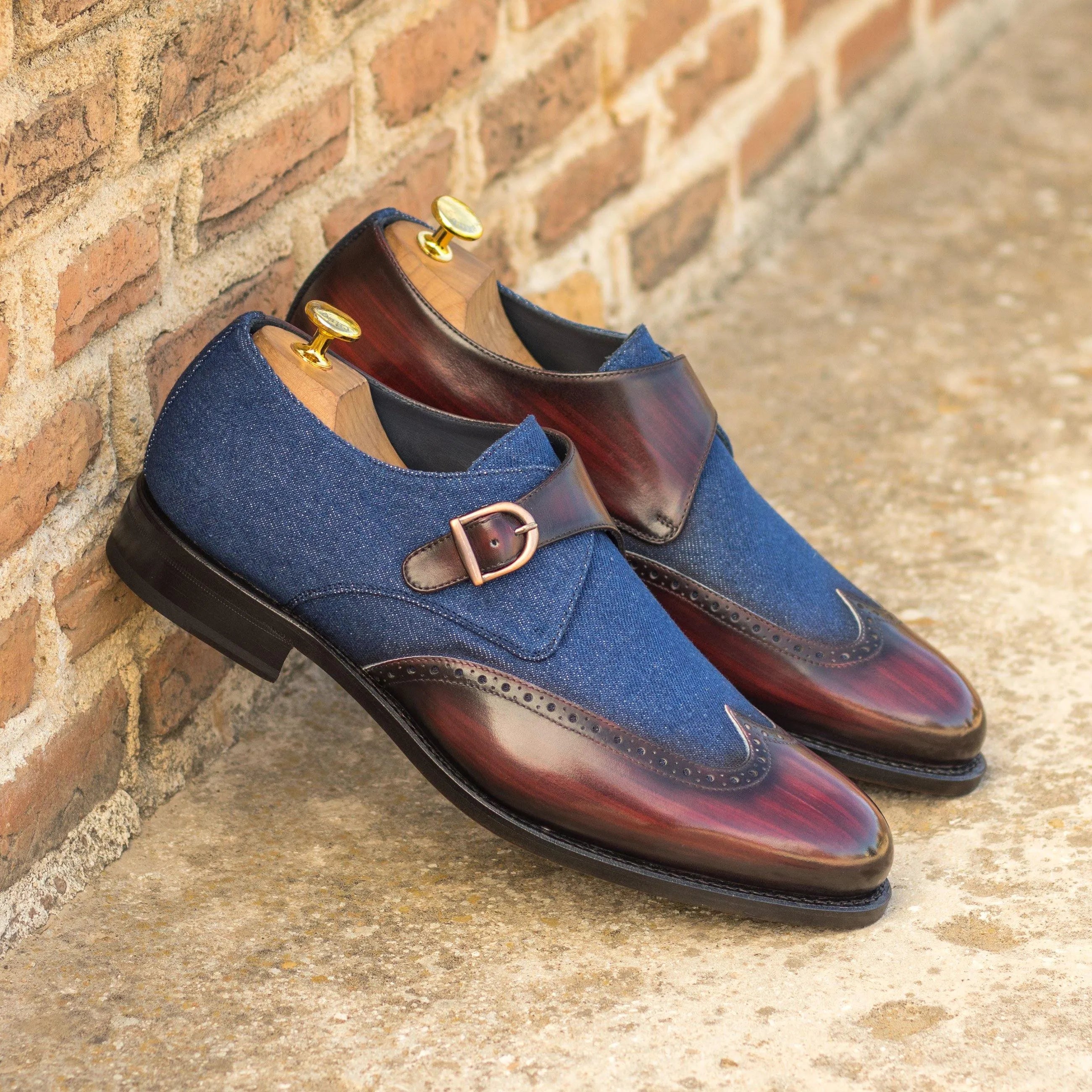 Stylish Givario II Single Monk Patina Shoes in denim and leather design