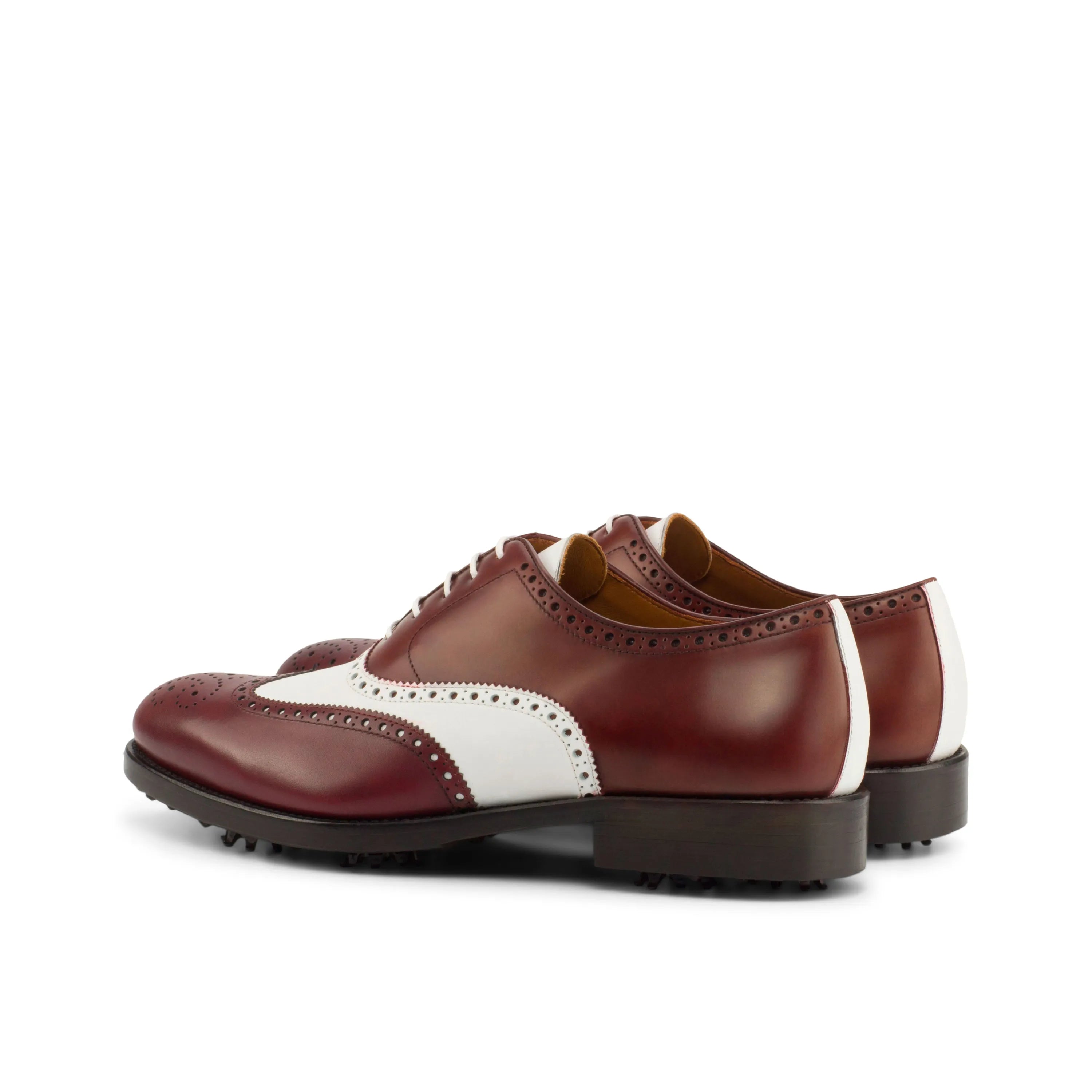 Burgundy and white GoLong Full Brogue golf shoes, stylish saddle golf shoes for performance