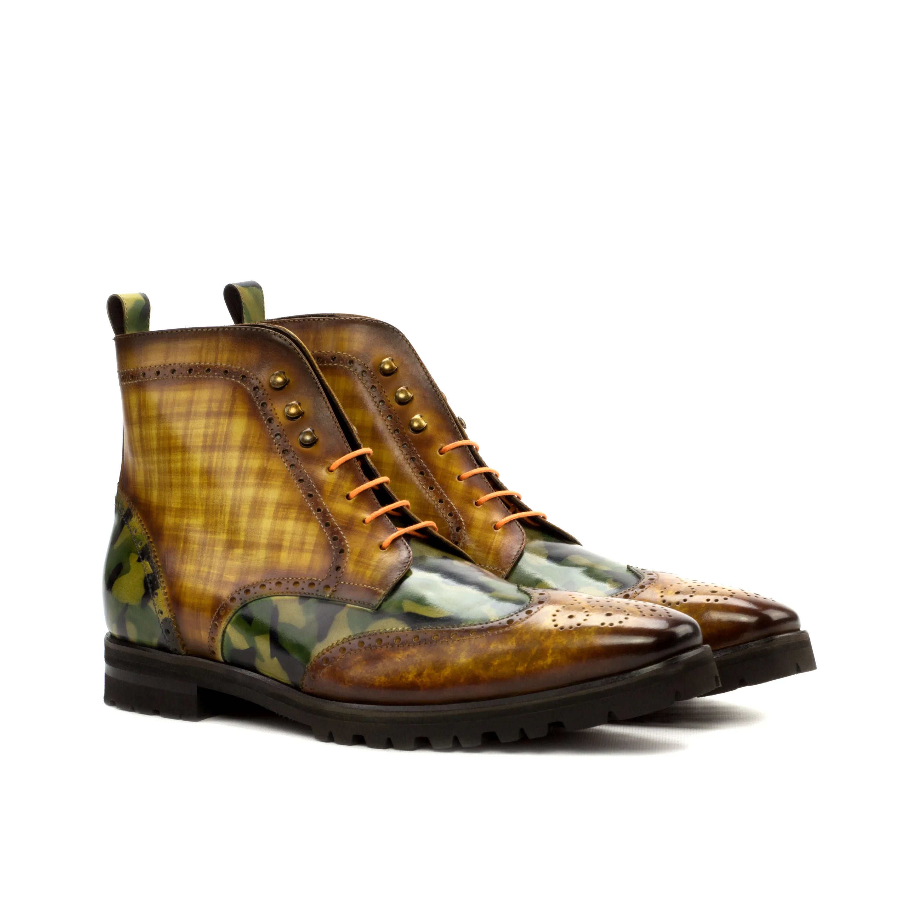 Camouflage leather Goodlife Military Brogue Boots showcasing a stylish wingtip design
