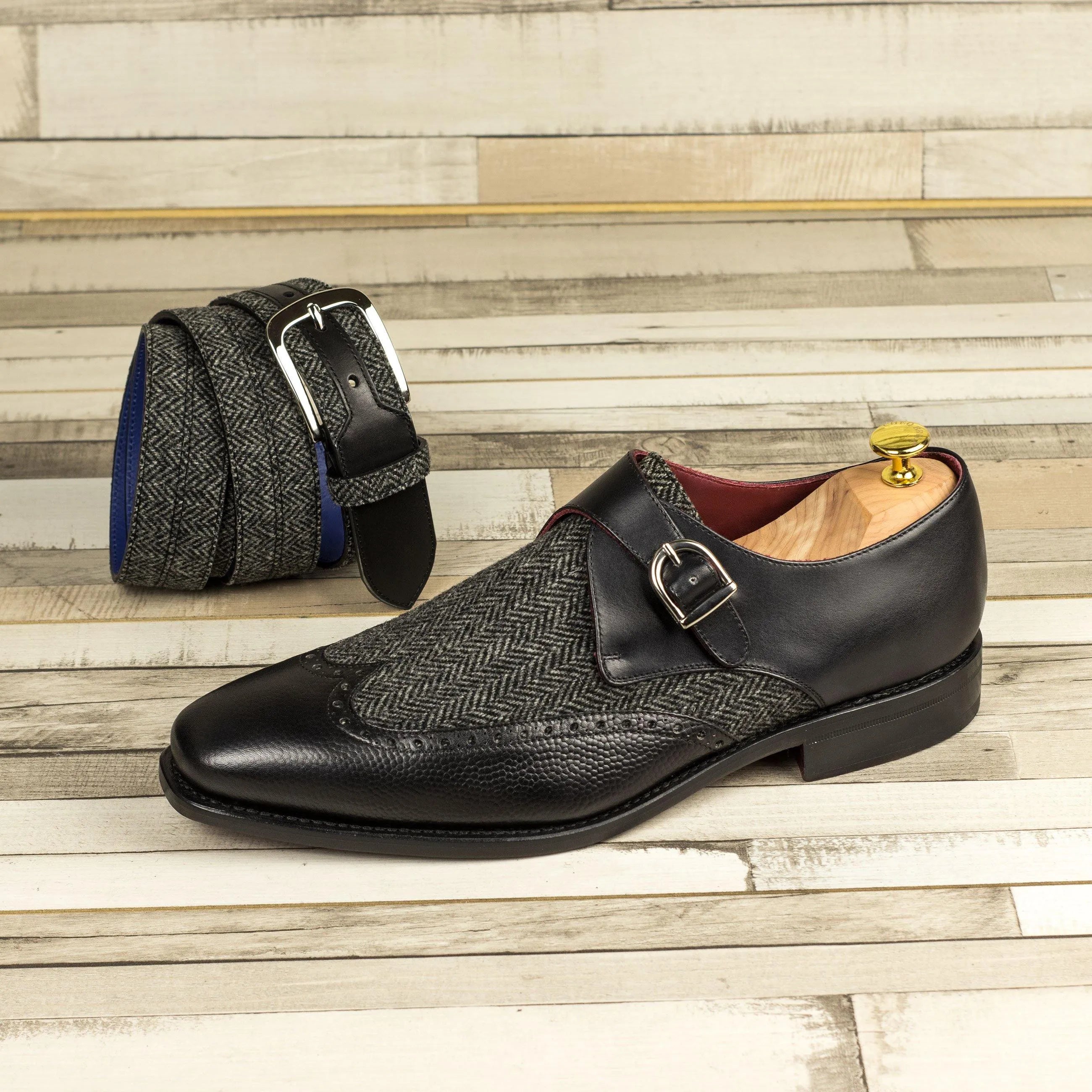 Black leather and herringbone monk strap shoe paired with Gospodin Marseille Belt