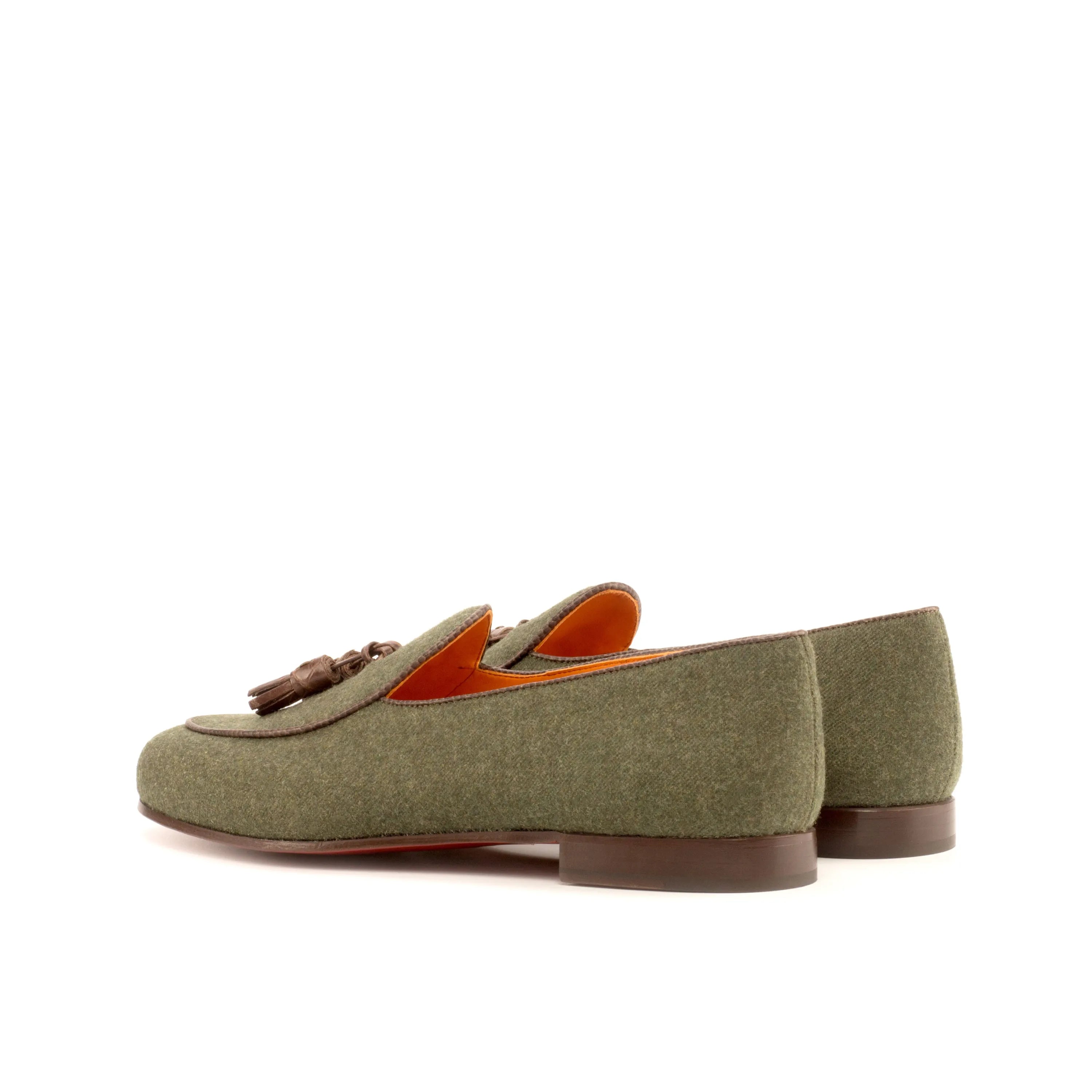 Olive green tassel loafers featuring the Hajjar Belgian Slipper design