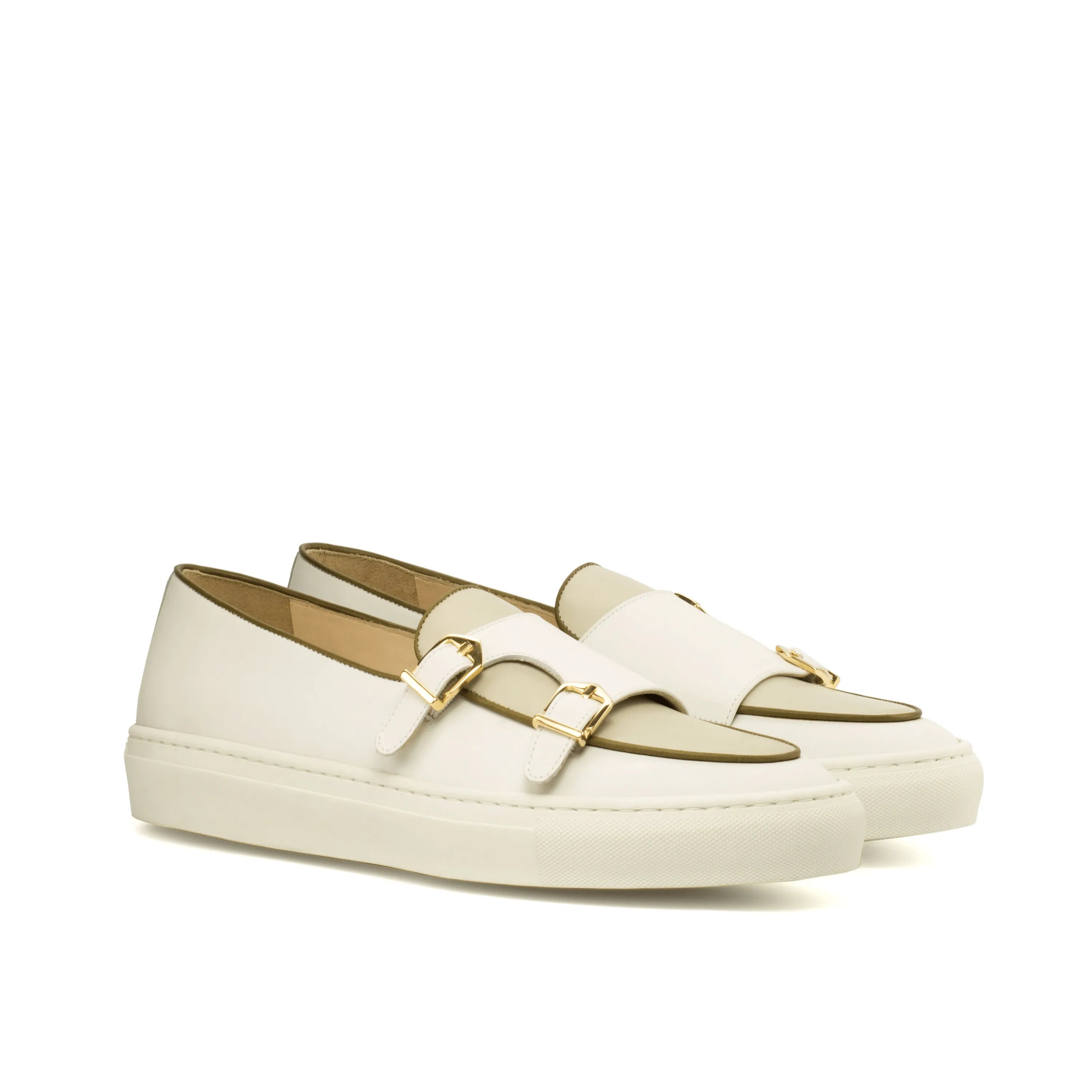 White leather Hakim monk sneaker featuring double monk strap design for stylish comfort