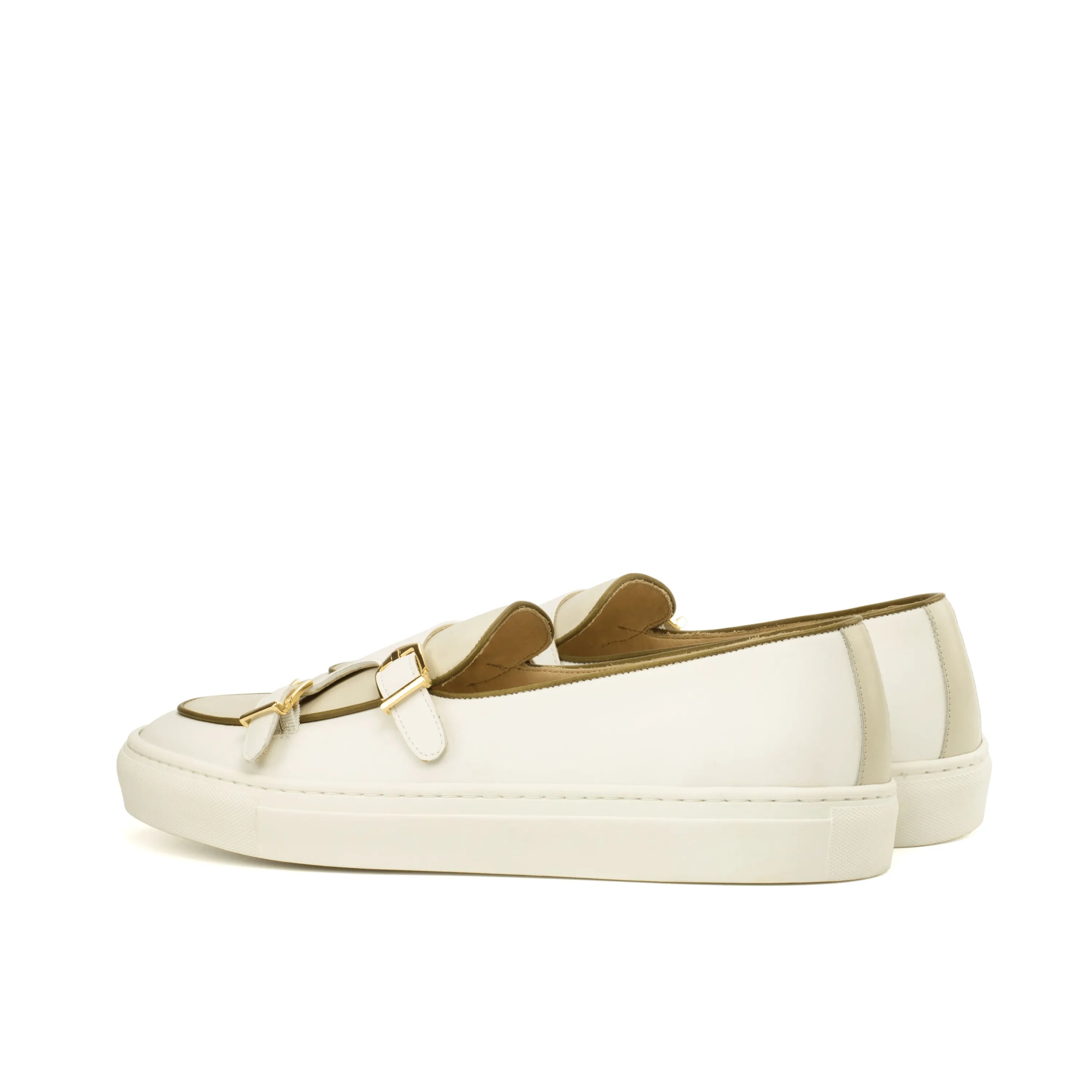 White leather Hakim monk sneaker featuring double monk strap design and painted calf finish