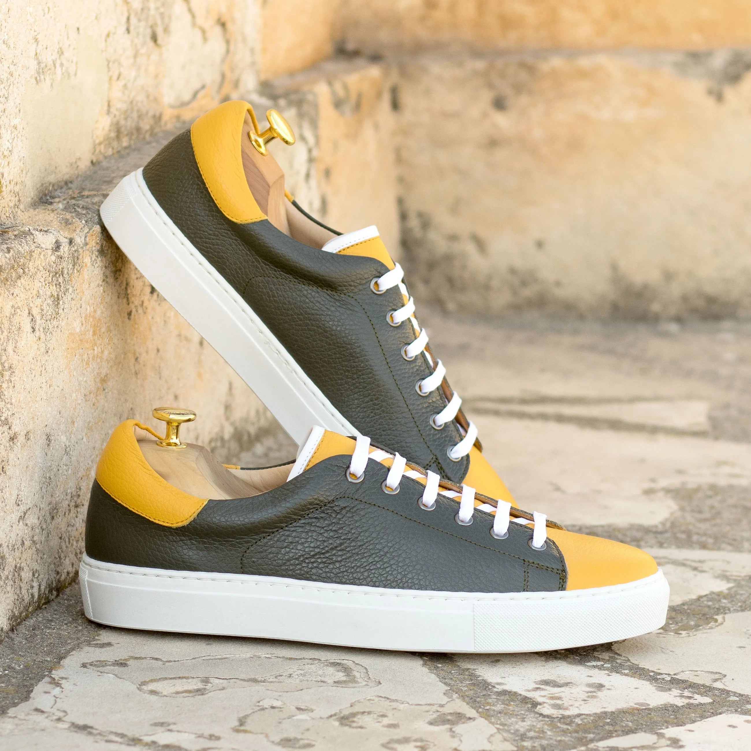 Two-toned leather sneakers featuring grain calf leather, Harlem Trainer Sneaker design