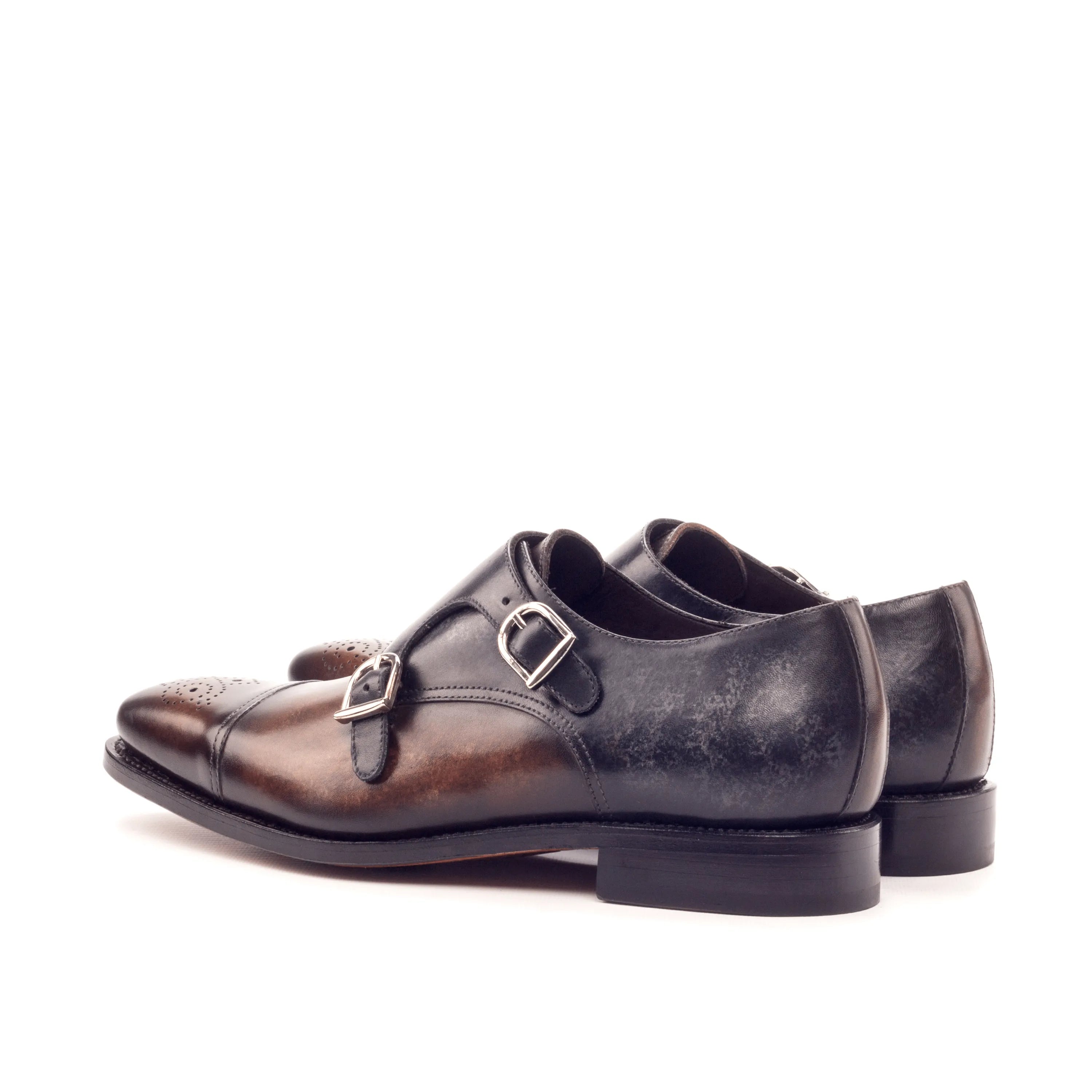 Pair of brown and black leather Harvey Double Monk shoes in crust patina finish