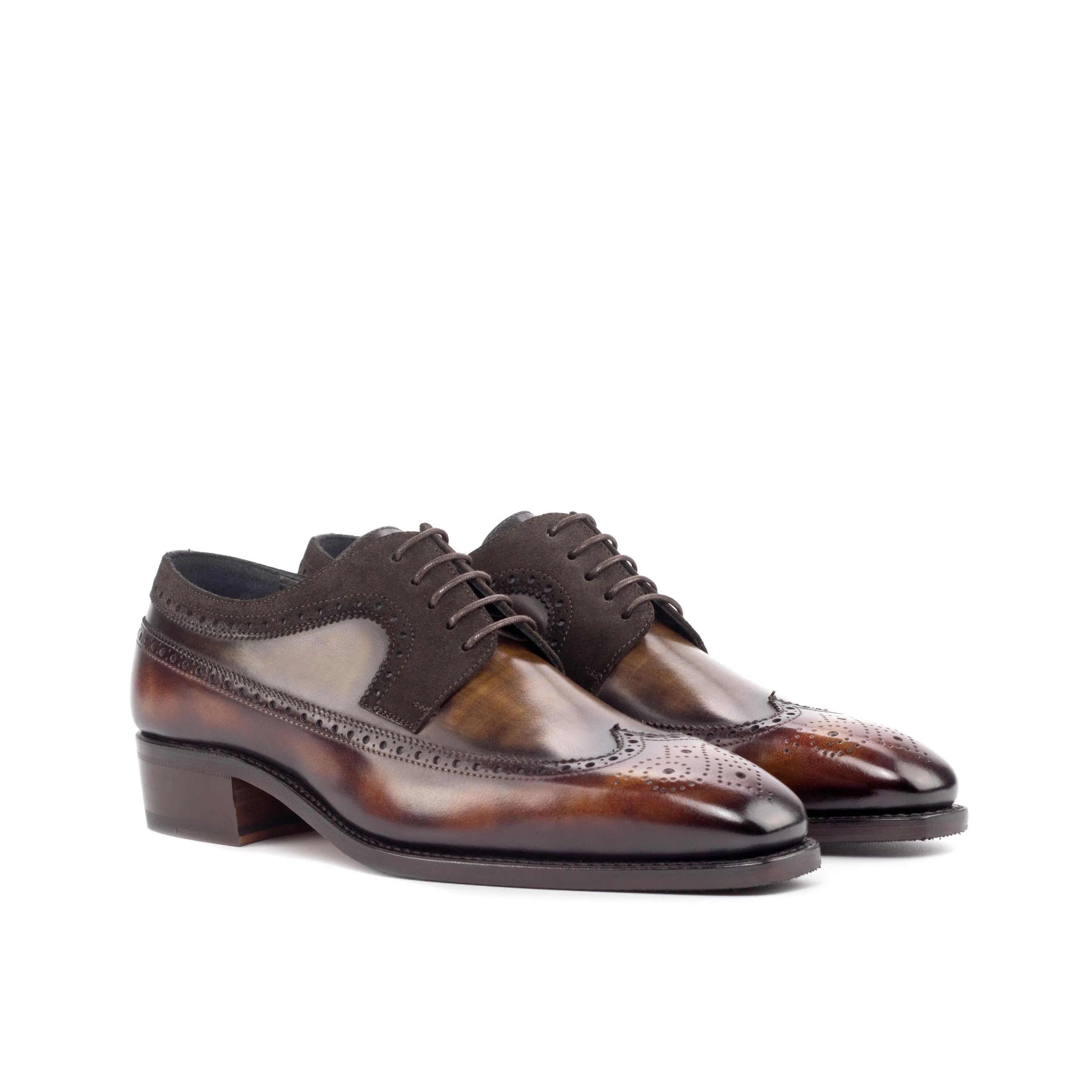 Brown leather wingtip dress shoes, Harvey Patina Longwing Blucher, stylish and sophisticated
