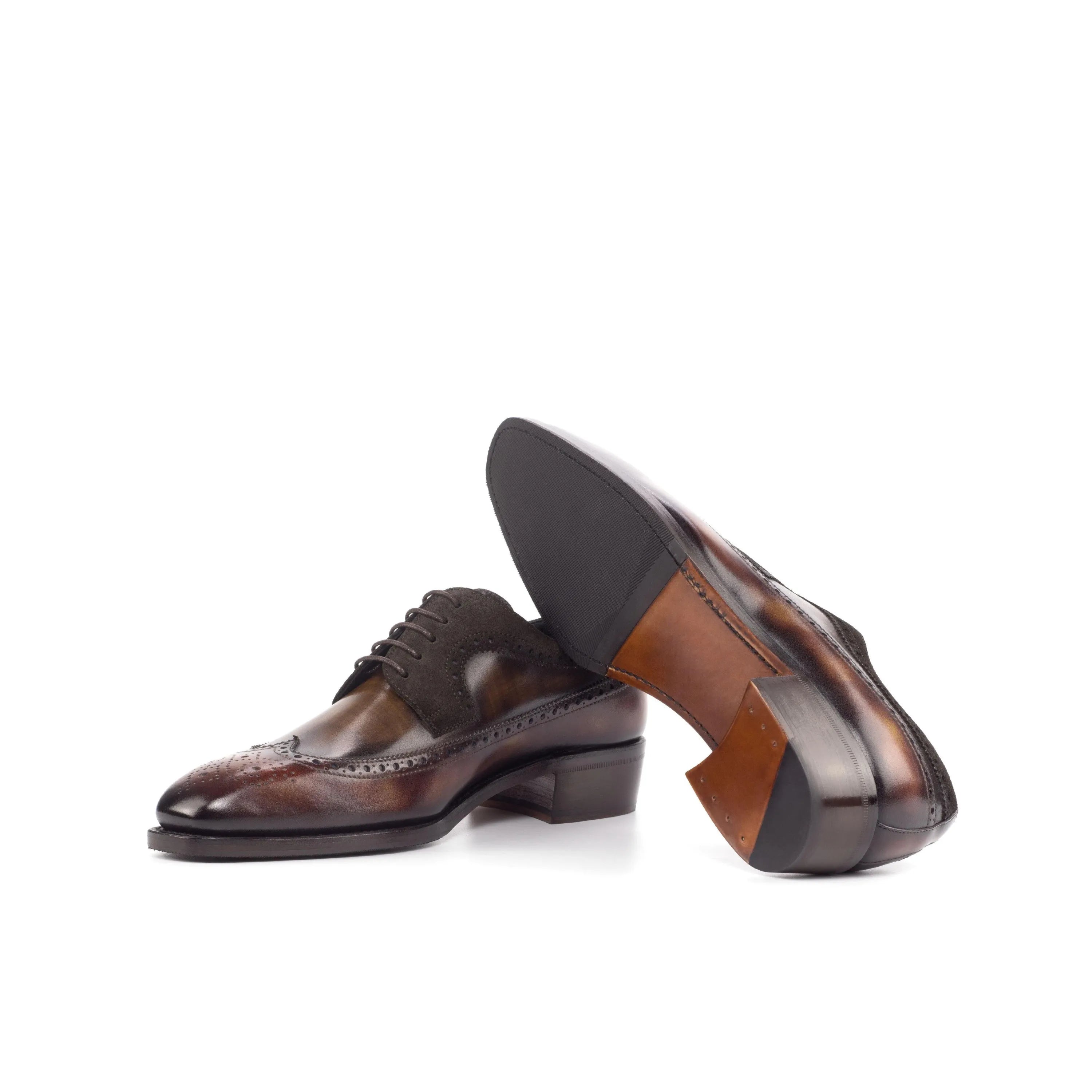Brown leather Harvey Patina Longwing Blucher shoes displayed elegantly