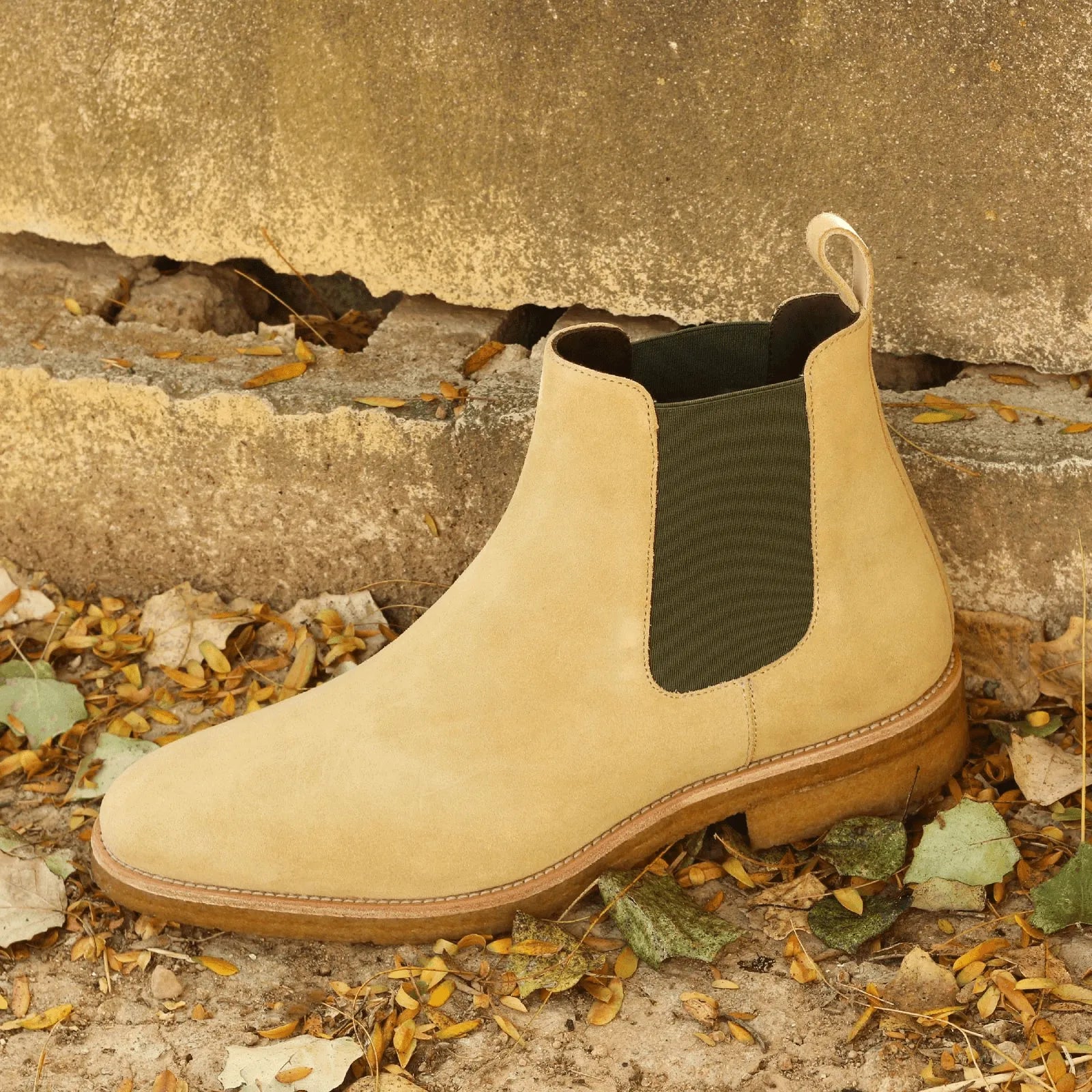 Beige suede Hasutu Chelsea Boot elegantly combines style and comfort for versatile wear