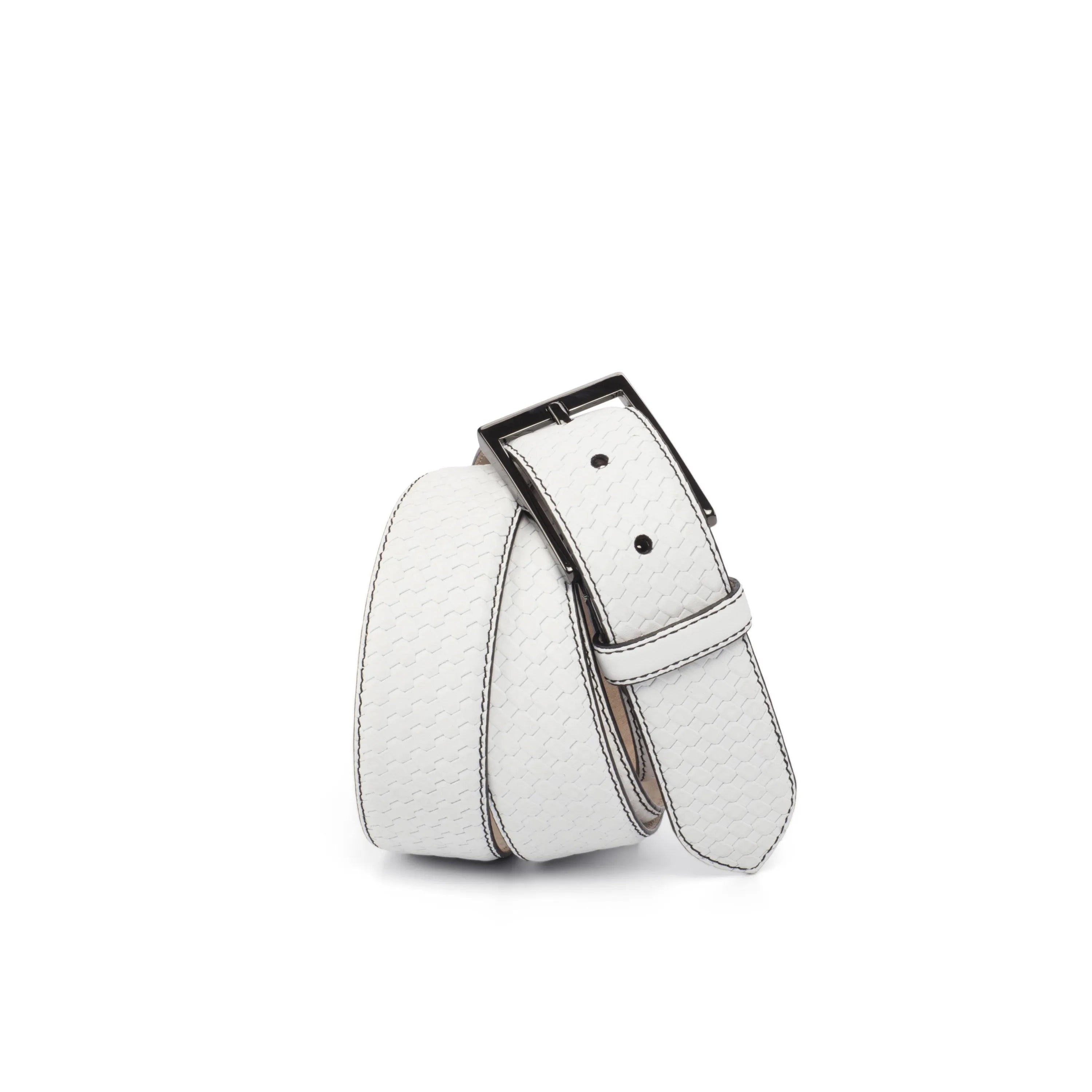 White leather Havana Hamptons Belt featuring a sleek black buckle