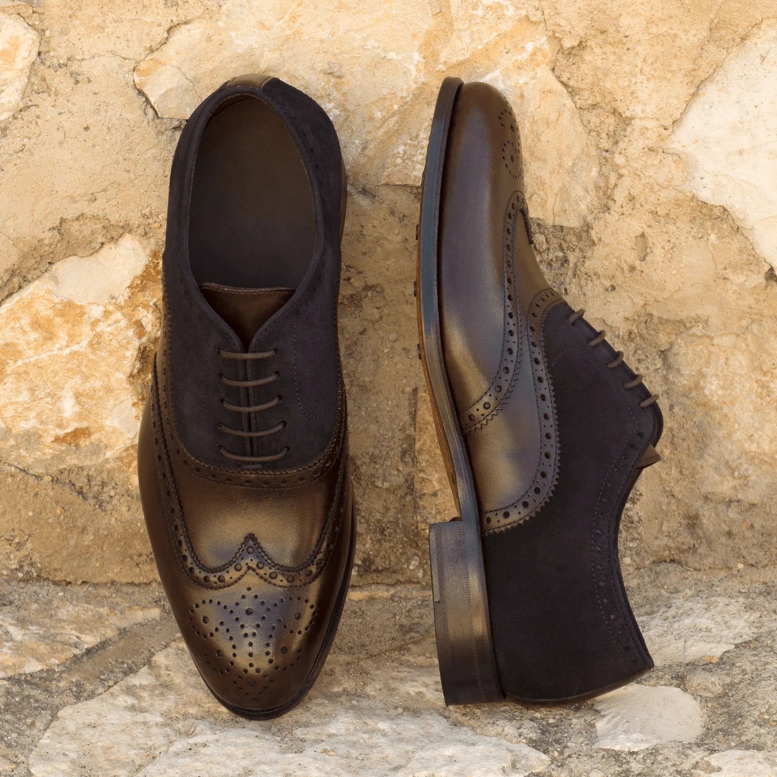 Pair of brown leather and fabric Honon Full Brogue Shoes featuring elegant brogue patina