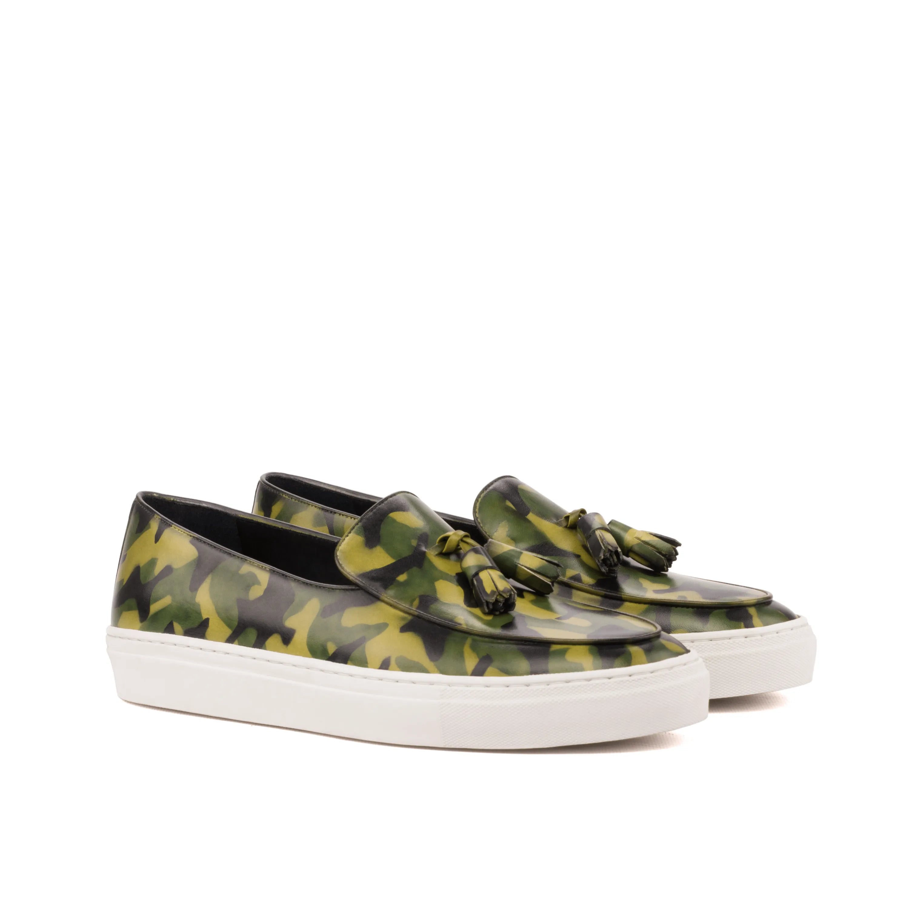 Camouflage tassel loafers paired with Hovo Patina Monk sneaker for stylish versatility
