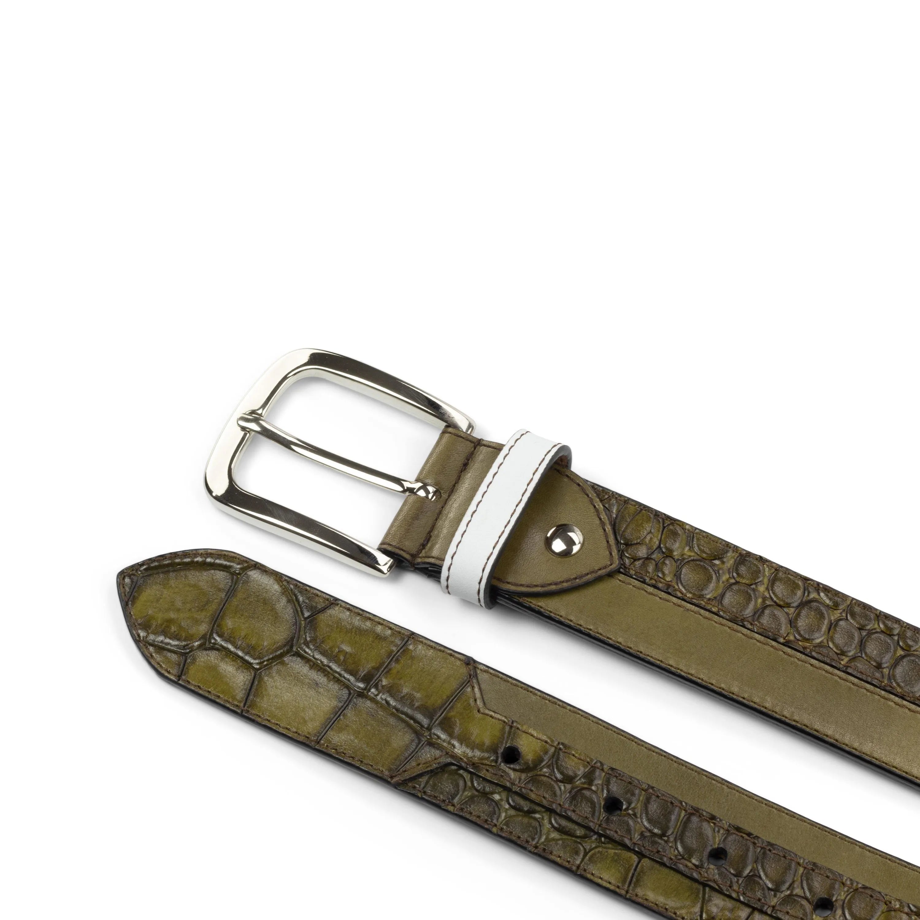 Olive green crocodile-patterned Howard Marseille Belt for stylish sophistication